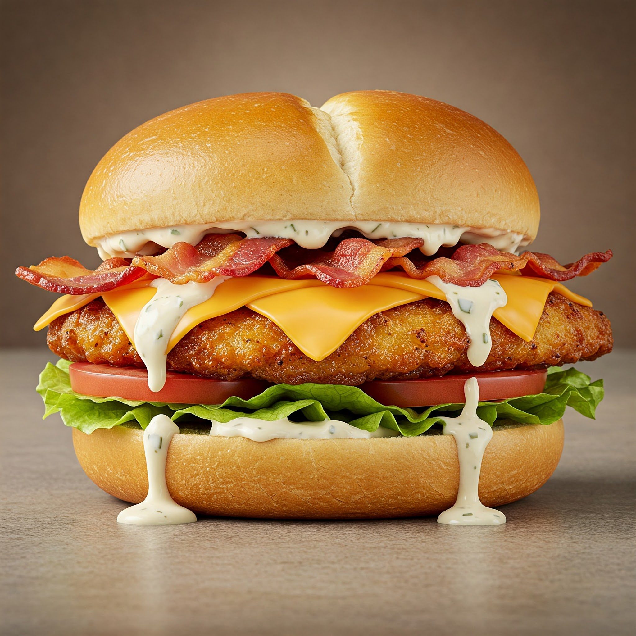 A chicken sandwich with bacon, cheddar cheese, lettuce, tomato, and ranch dressing on a bun, with sauce dripping onto the surface.