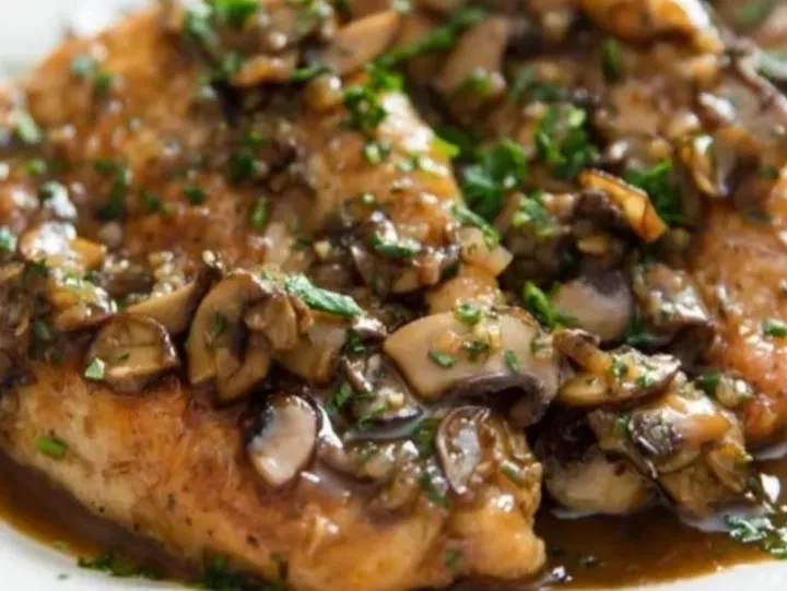 A close-up of chicken breasts topped with a mushroom and herb sauce, garnished with chopped parsley.