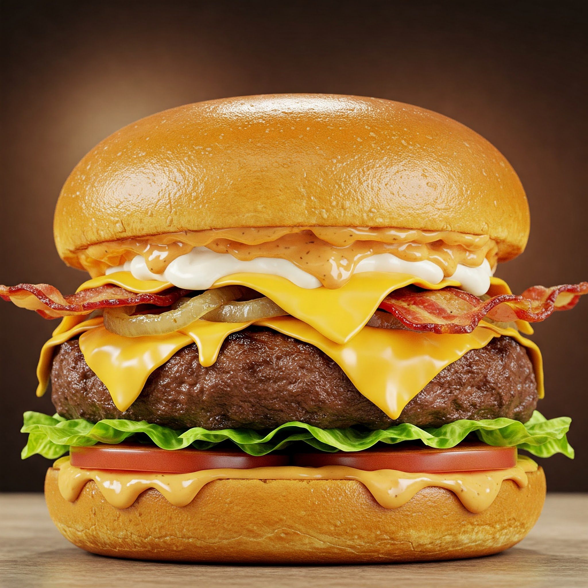 A cheeseburger with bacon, lettuce, tomato, melted cheese, sauce, and a beef patty on a glossy bun, photographed up close.