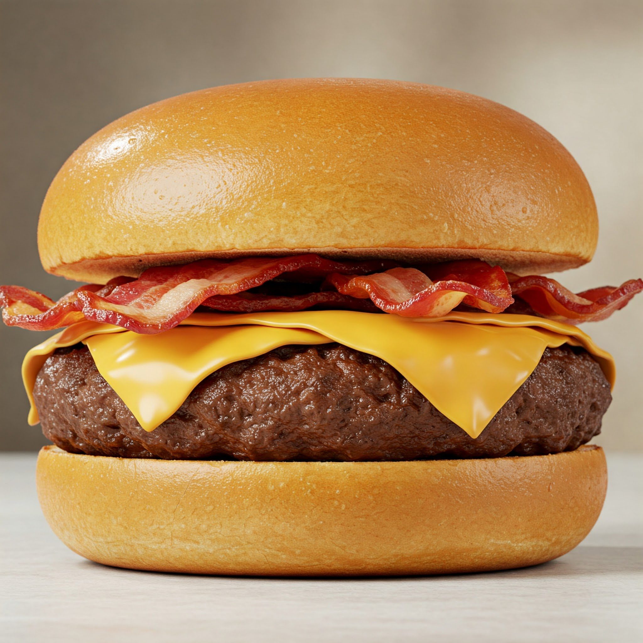 A cheeseburger with crispy bacon strips, a slice of melted cheese, and a beef patty in a shiny bun on a light surface.