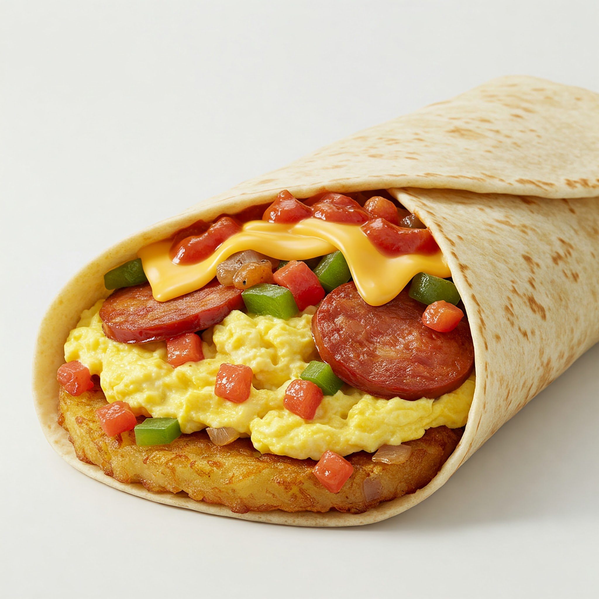 A breakfast wrap with scrambled eggs, cheese, sausage slices, hash brown, diced tomatoes, green peppers, and onions in a flour tortilla.