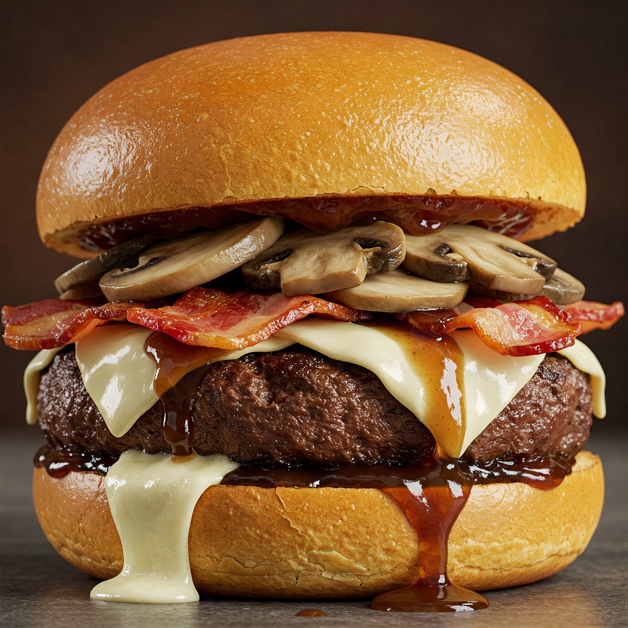 A cheeseburger with a beef patty, melted cheese, bacon, sliced mushrooms, and barbecue sauce on a shiny bun.