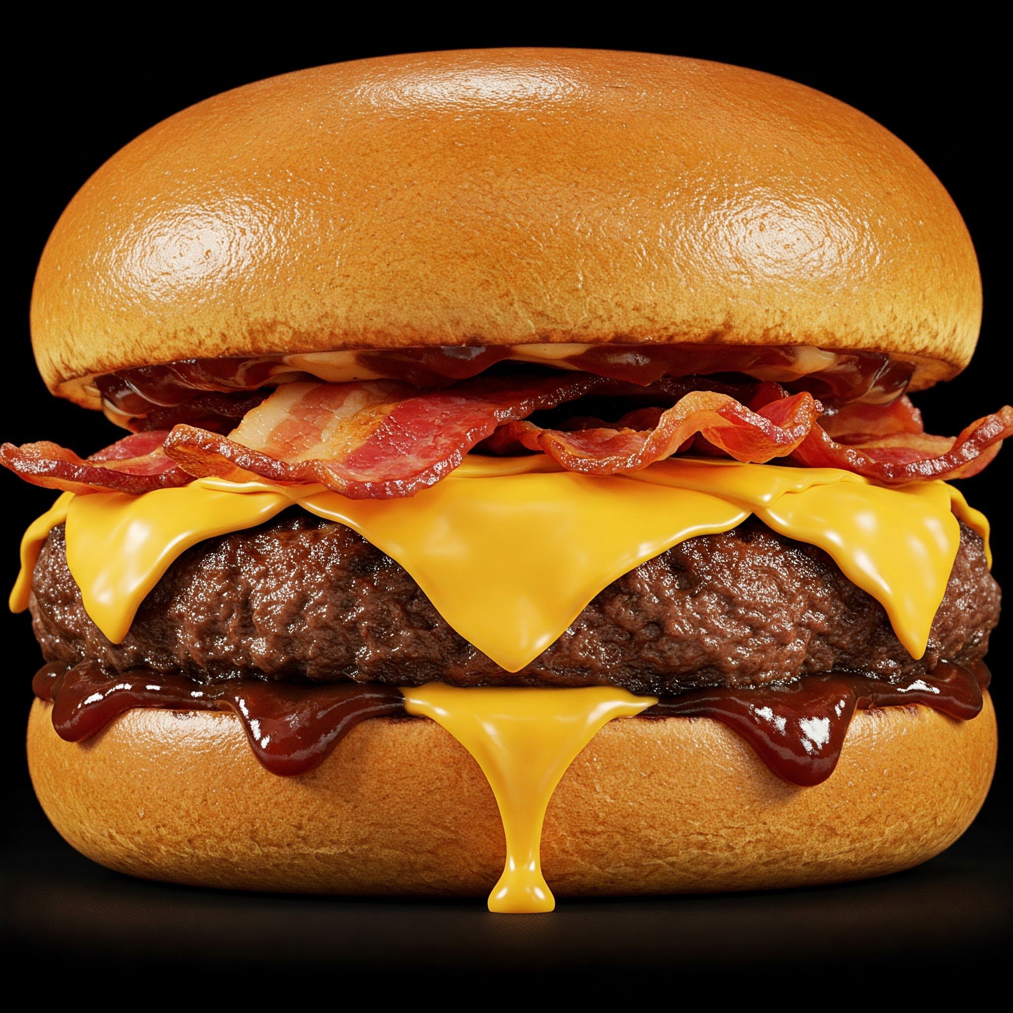 A close-up of a cheeseburger with bacon, two slices of melted cheese, a beef patty, and sauce on a bun, against a black background.