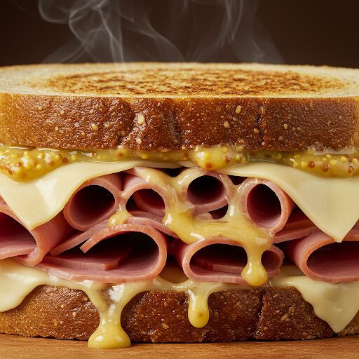 Close-up of a hot sandwich with layers of sliced deli meat, melted cheese, and grainy mustard between toasted bread slices. Steam rises from the sandwich.
