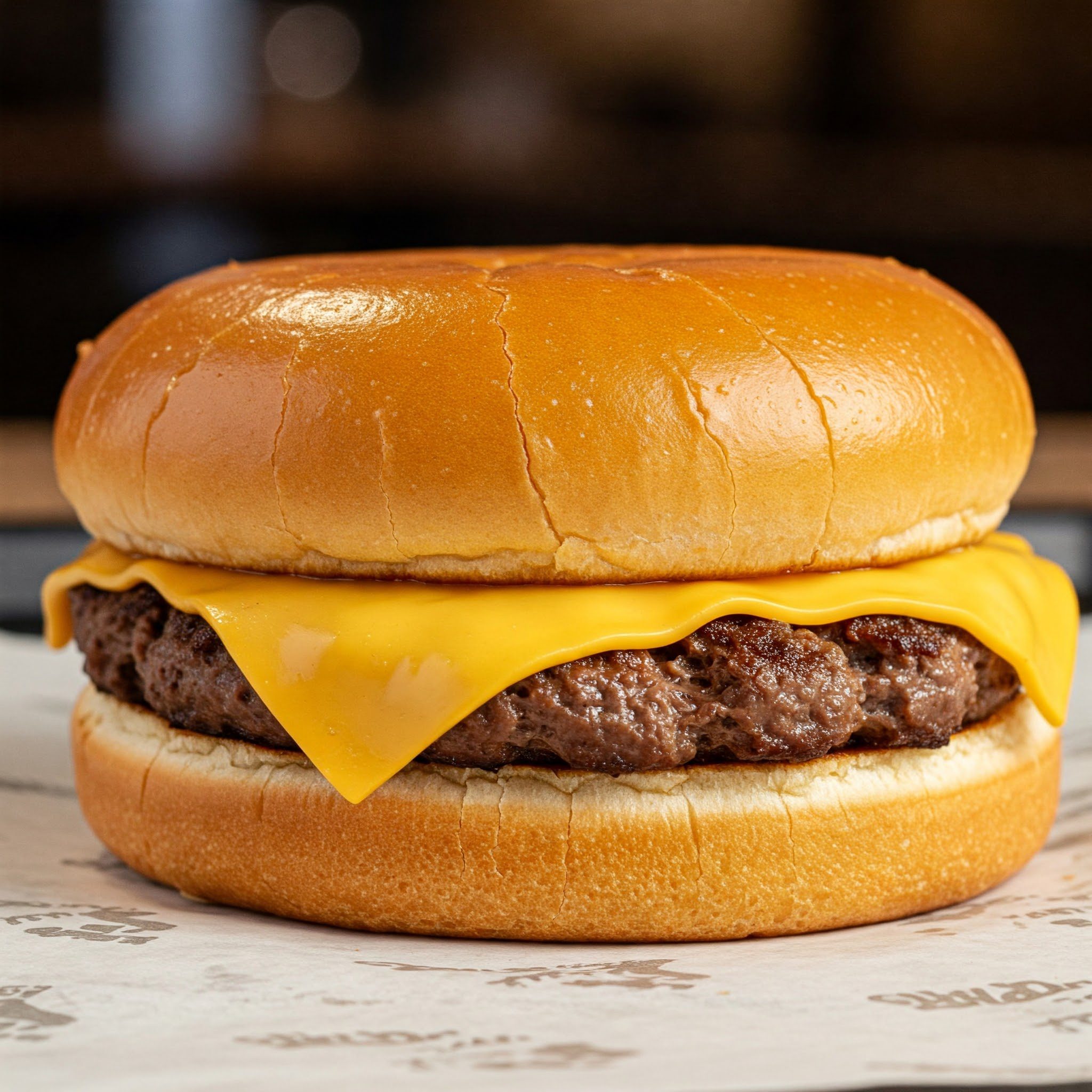 A cheeseburger with a slice of melted cheddar cheese on a beef patty, served in a plain, golden-brown bun, on a sheet of branded paper.