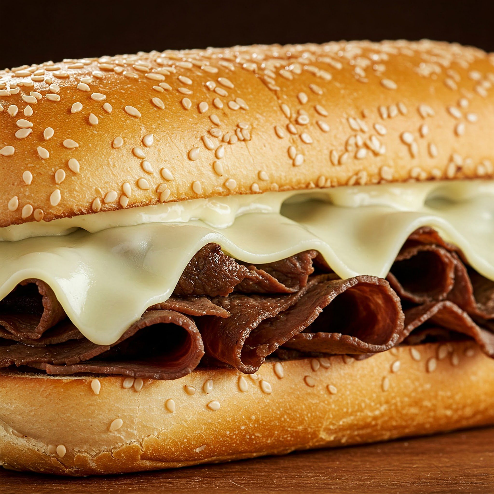 A close-up of a sesame seed hoagie roll filled with sliced roast beef and topped with melted white cheese.