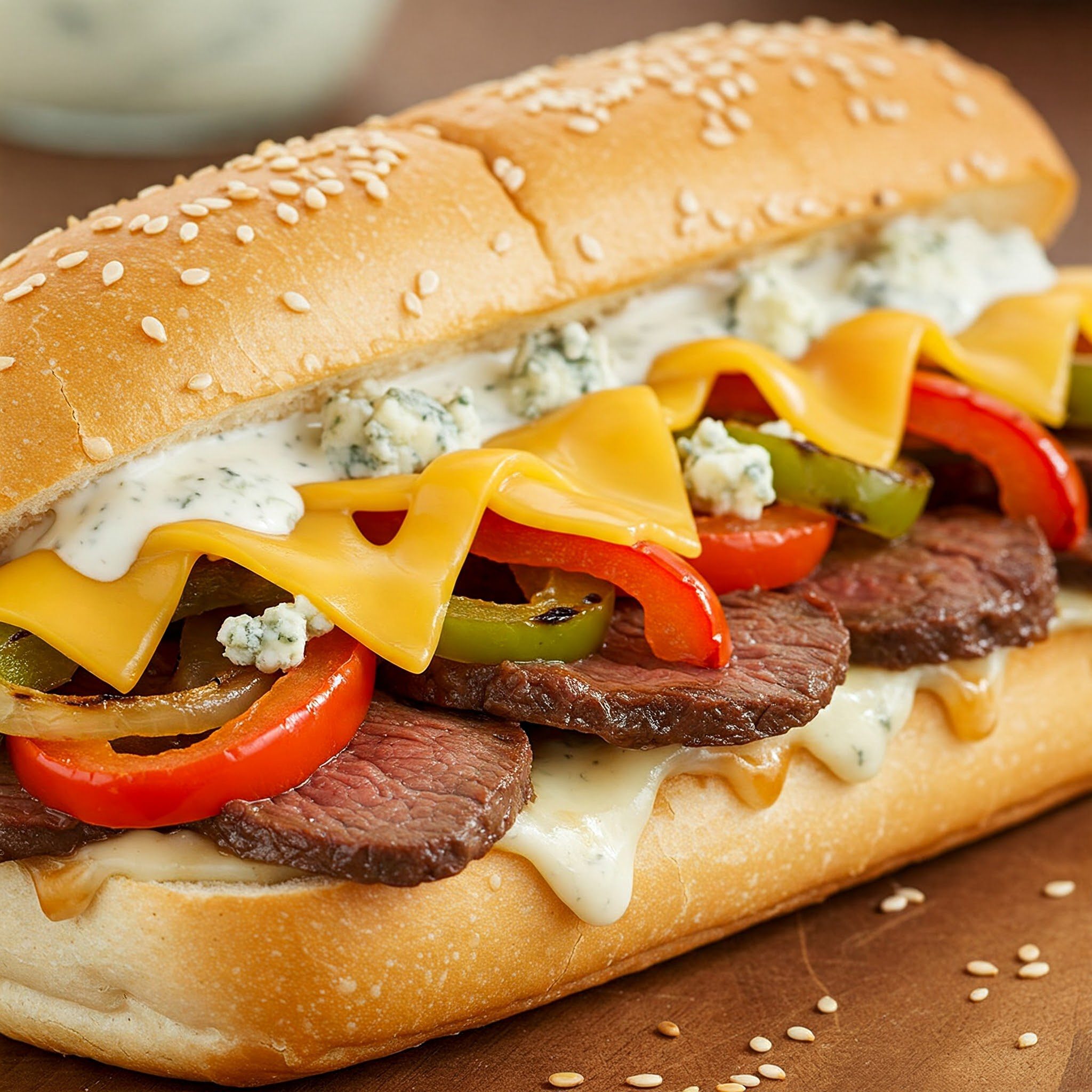 A sub sandwich with sliced beef, cheddar cheese, bell peppers, jalapeños, blue cheese crumbles, and a creamy sauce on a sesame seed hoagie roll.