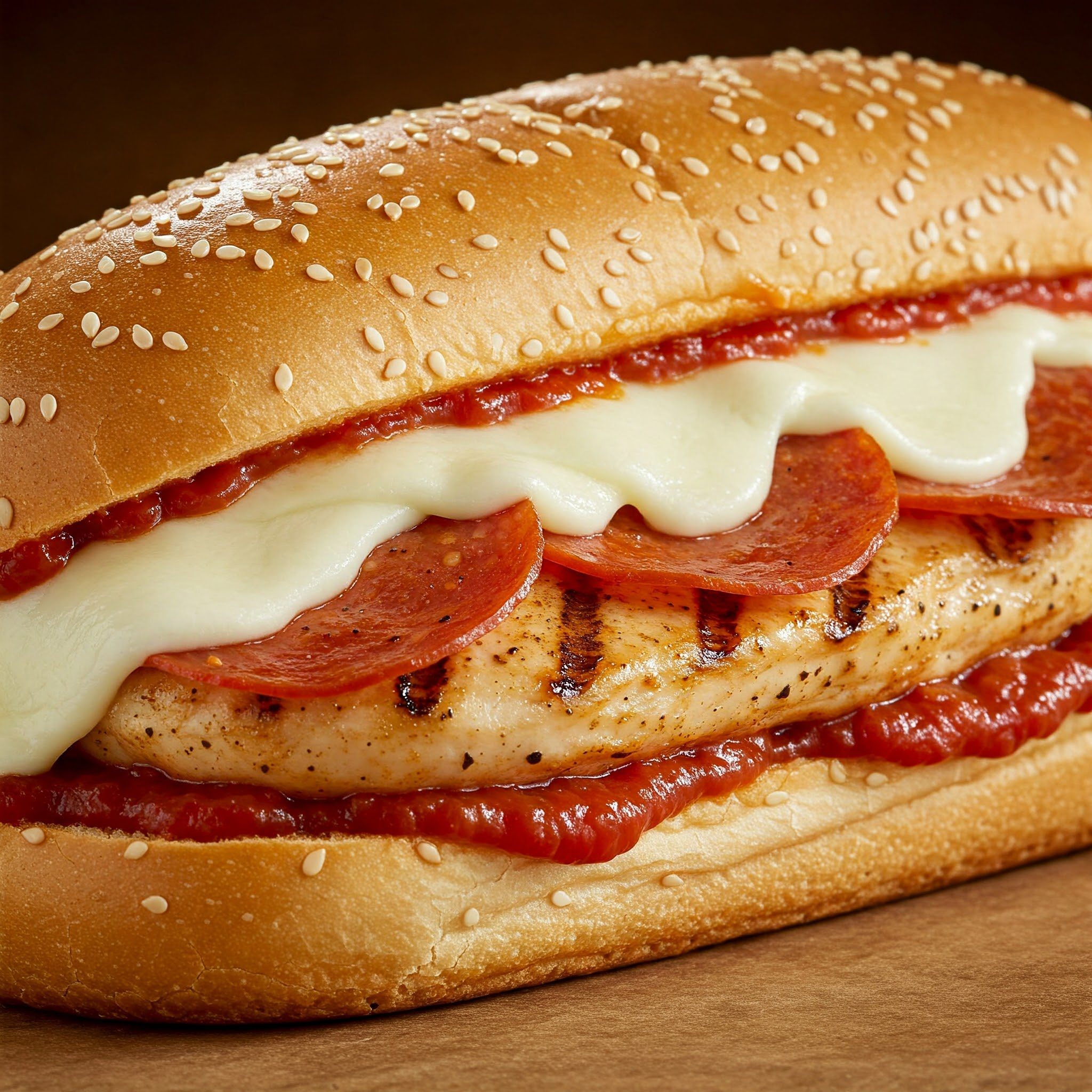 A sandwich with a sesame seed bun, grilled chicken breast, slices of pepperoni, melted mozzarella cheese, and tomato sauce.