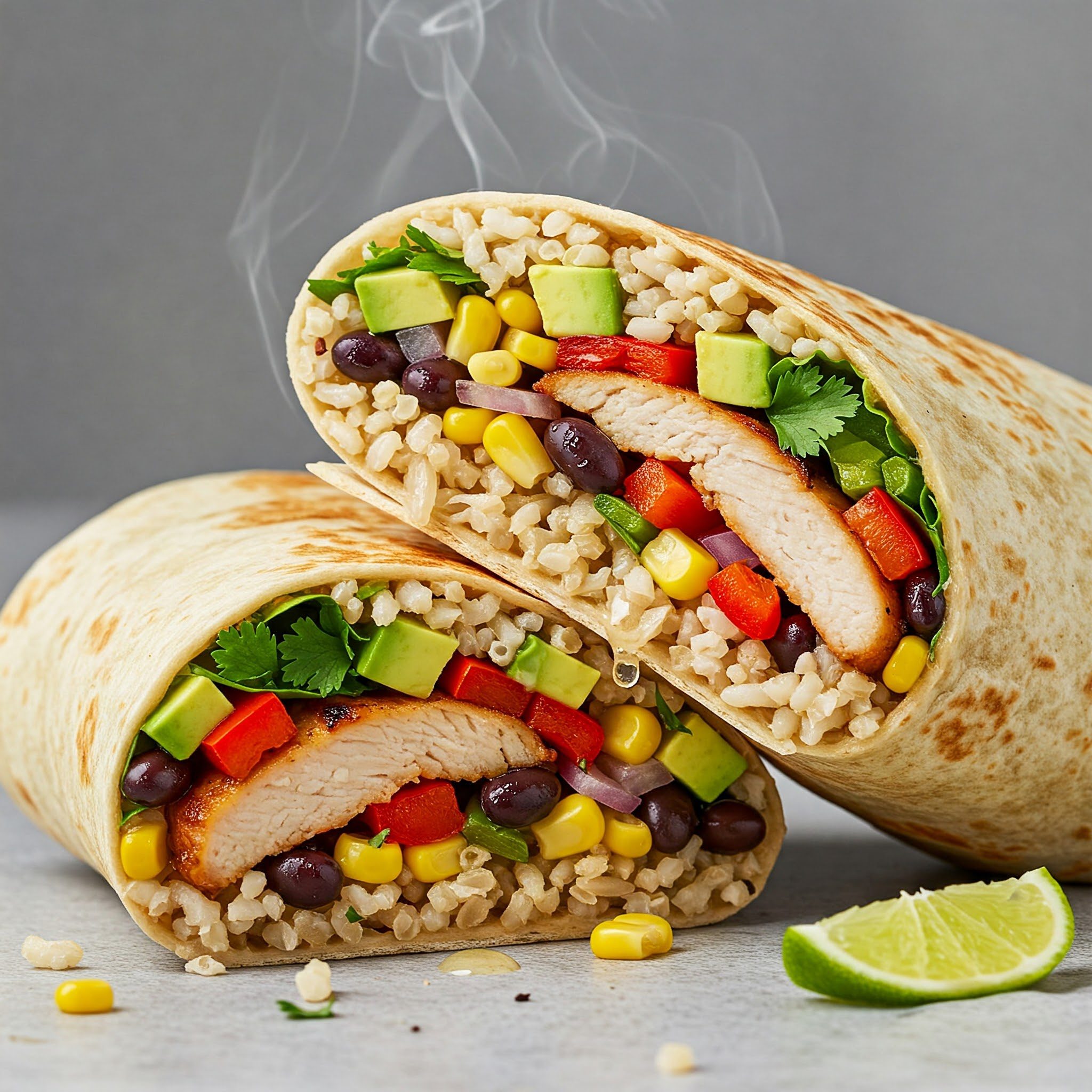 A cut burrito with grilled chicken, brown rice, black beans, corn, avocado, red pepper, and cilantro, with steam rising and a lime wedge nearby.