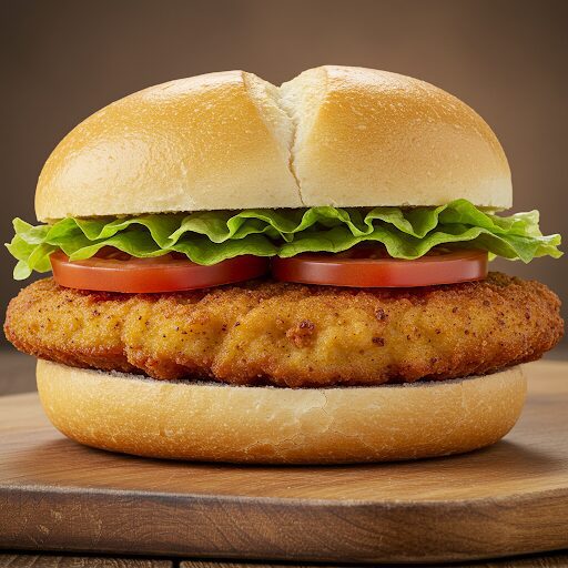 A breaded chicken sandwich with lettuce and tomato on a bun, placed on a wooden surface.