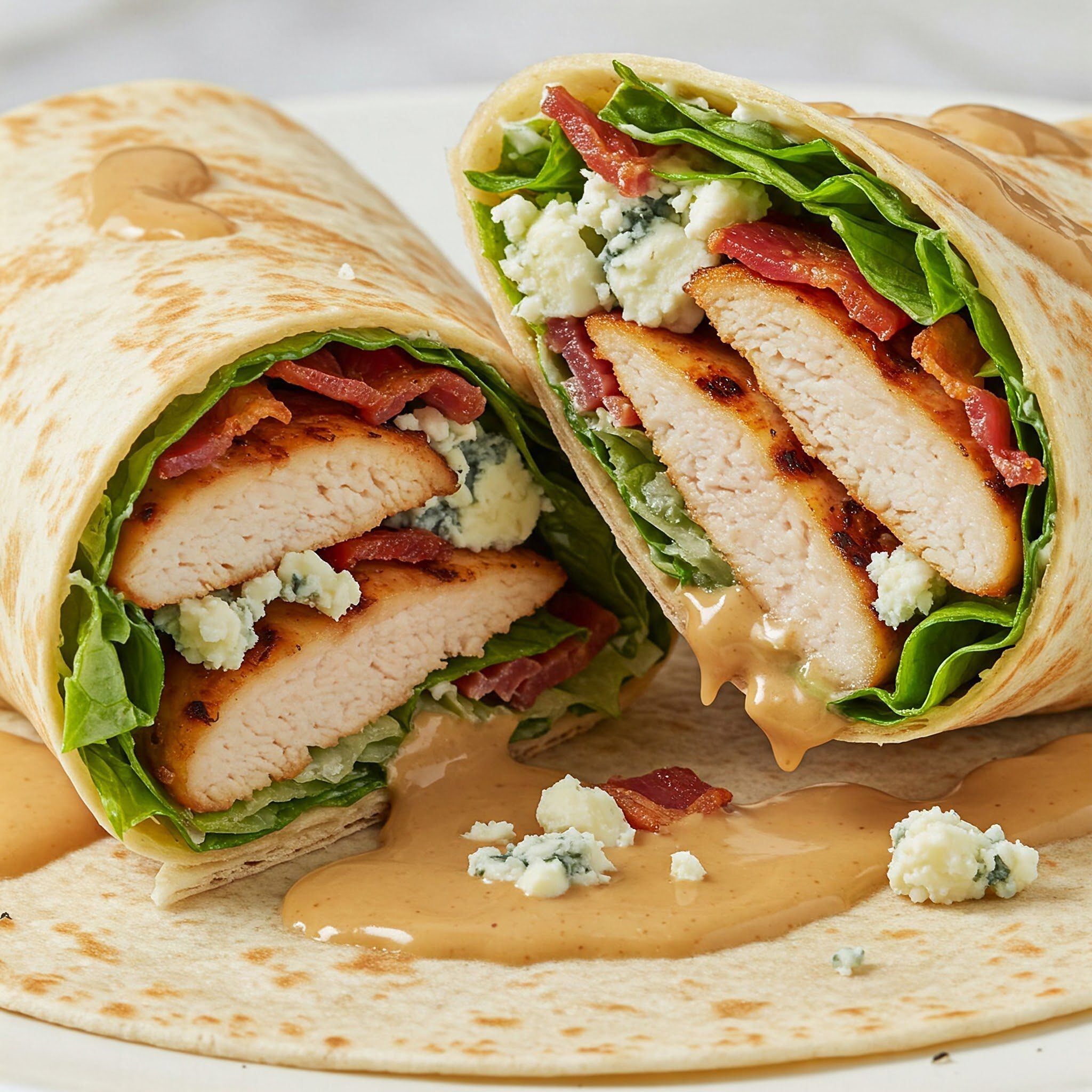 A sliced chicken wrap with bacon, lettuce, blue cheese crumbles, and sauce on a tortilla, displayed on a white plate.