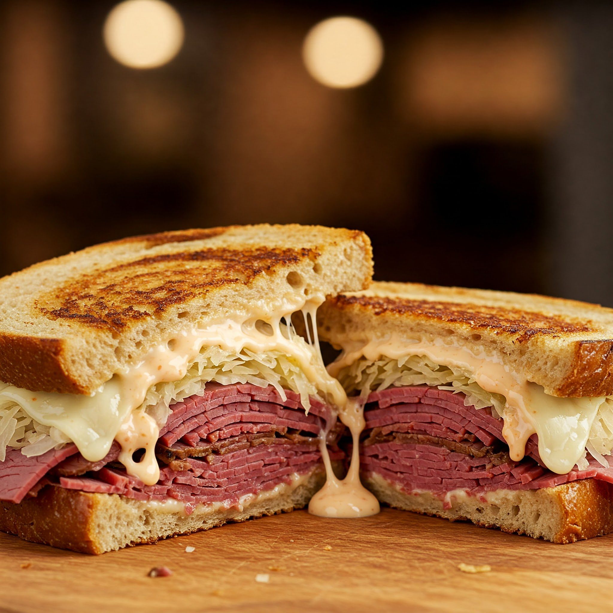 A Reuben sandwich cut in half, showing layers of corned beef, sauerkraut, Swiss cheese, and creamy dressing on rye bread, placed on a wooden surface.