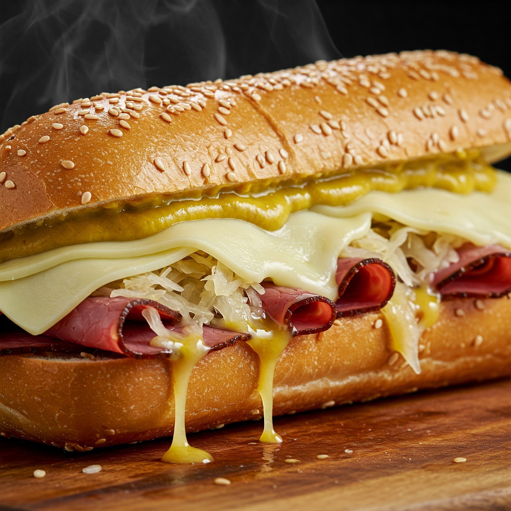 A close-up of a sandwich with sliced meat, melted cheese, sauerkraut, and mustard on a sesame seed bun, with steam rising and sauce dripping onto a wooden surface.