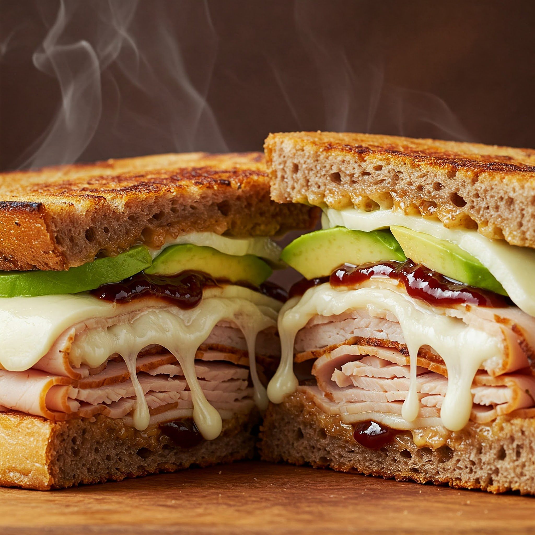 A hot sandwich cut in half shows layers of turkey, melted cheese, avocado, and sauce between slices of toasted bread, with steam rising from it.