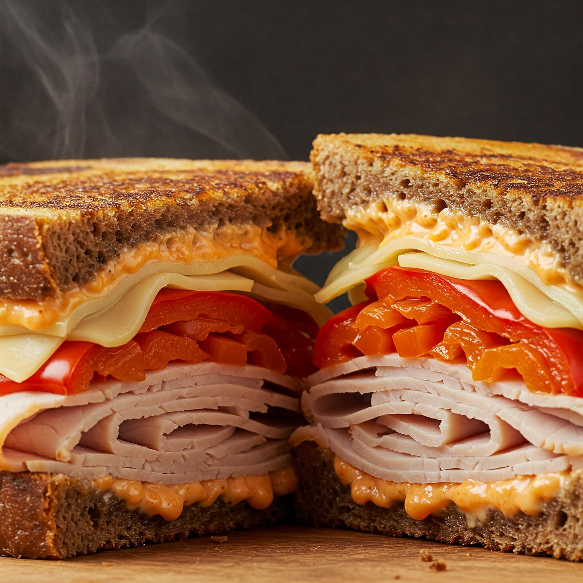 A close-up of a sandwich cut in half, showing layers of sliced turkey, cheese, tomatoes, red peppers, and sauce on toasted bread, with steam rising from the sandwich.
