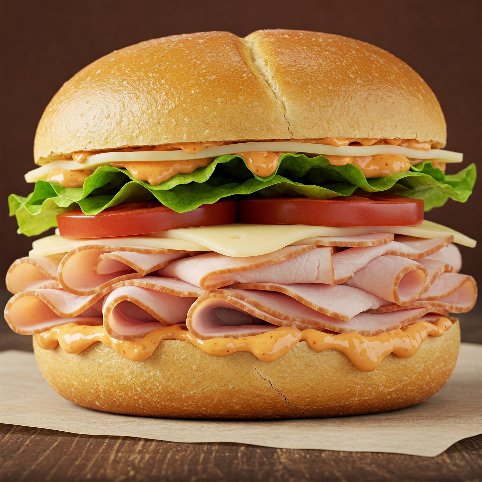 A sandwich with layers of sliced turkey, Swiss cheese, lettuce, tomato, and sauce on a round bun, set on parchment paper against a brown background.