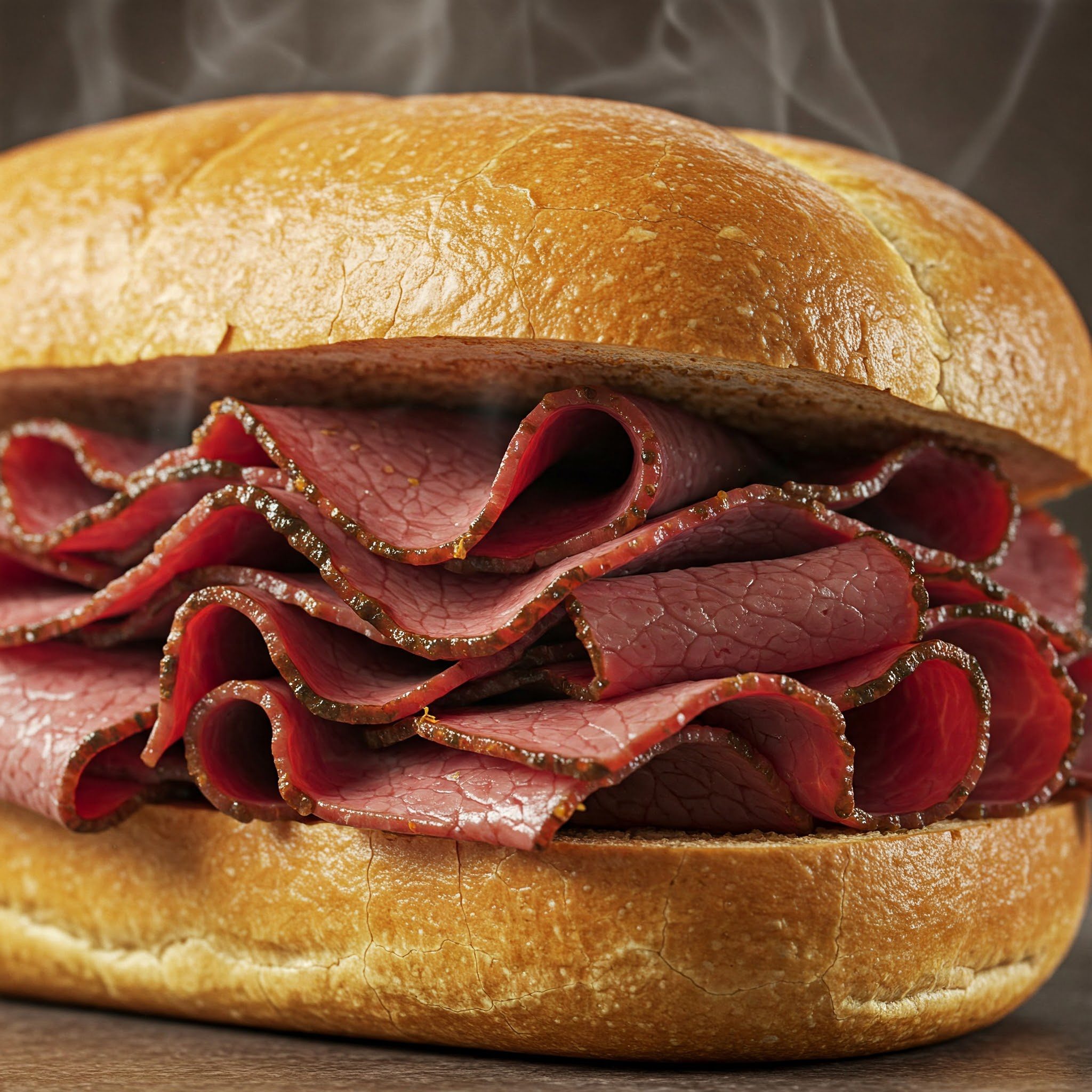 A close-up of a sandwich with several layers of sliced roast beef stacked inside a fresh, lightly toasted bun. Steam rises from the warm meat.