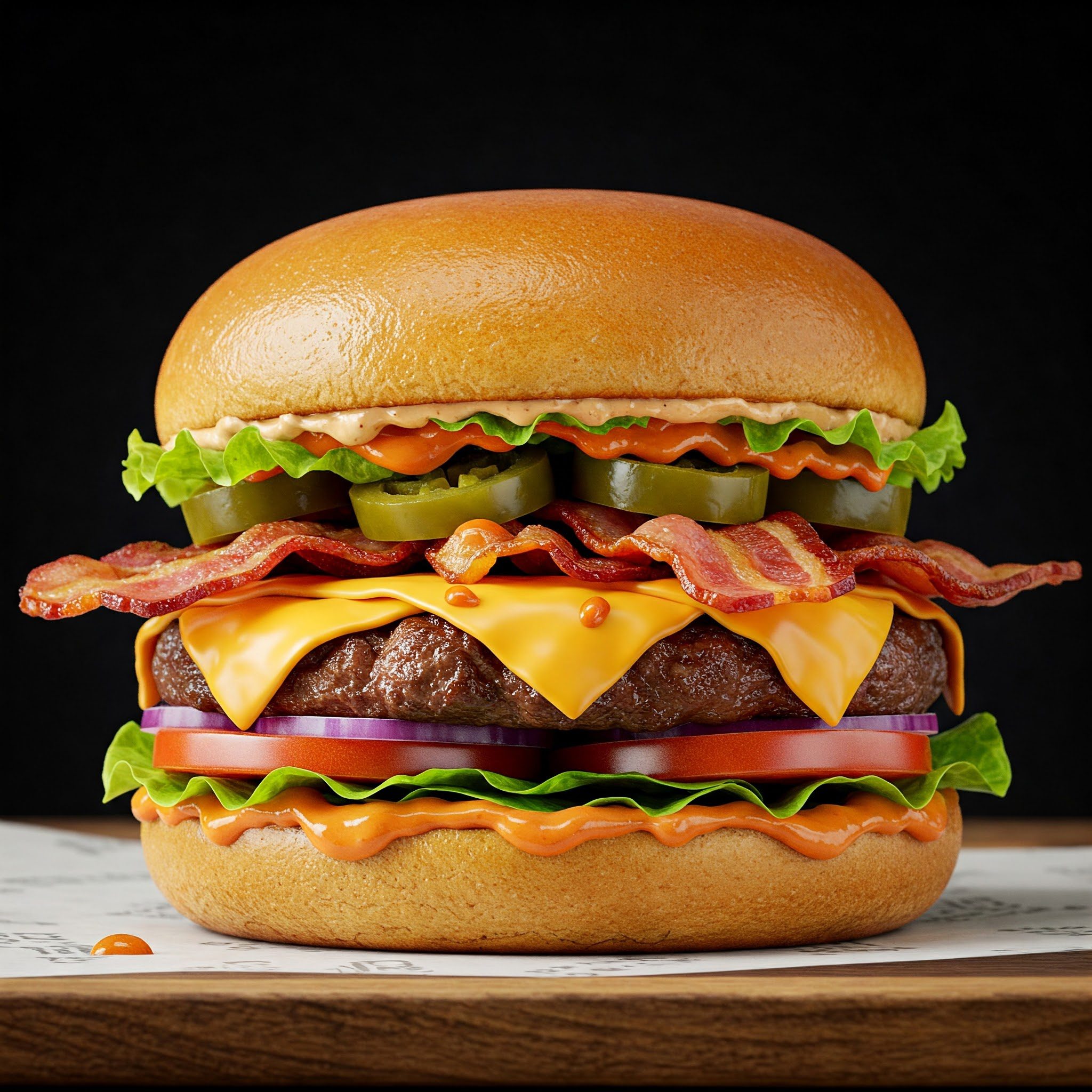 A cheeseburger with bacon, lettuce, pickles, onions, and sauce in a glossy bun, displayed on a wooden board against a black background.
