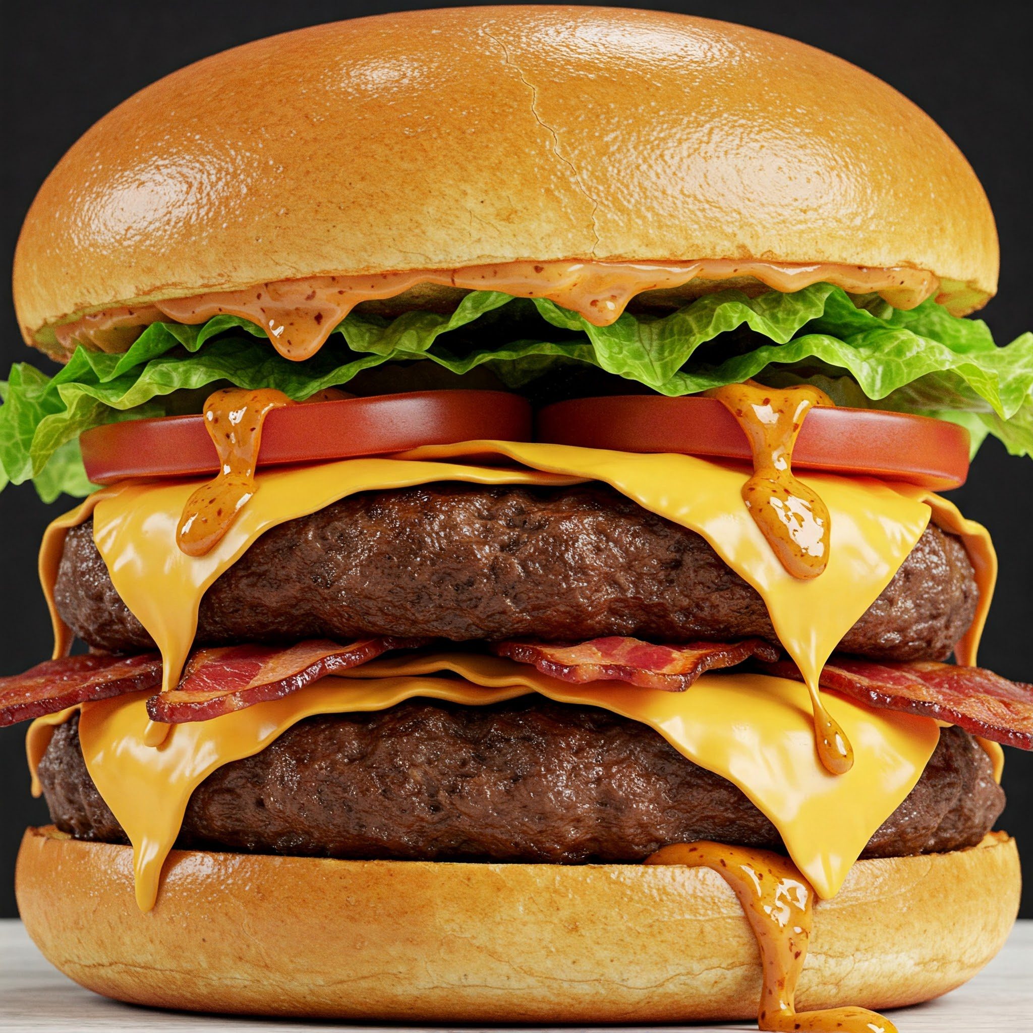 A close-up of a cheeseburger with two beef patties, melted cheese, bacon, lettuce, tomato, and sauce on a shiny bun.