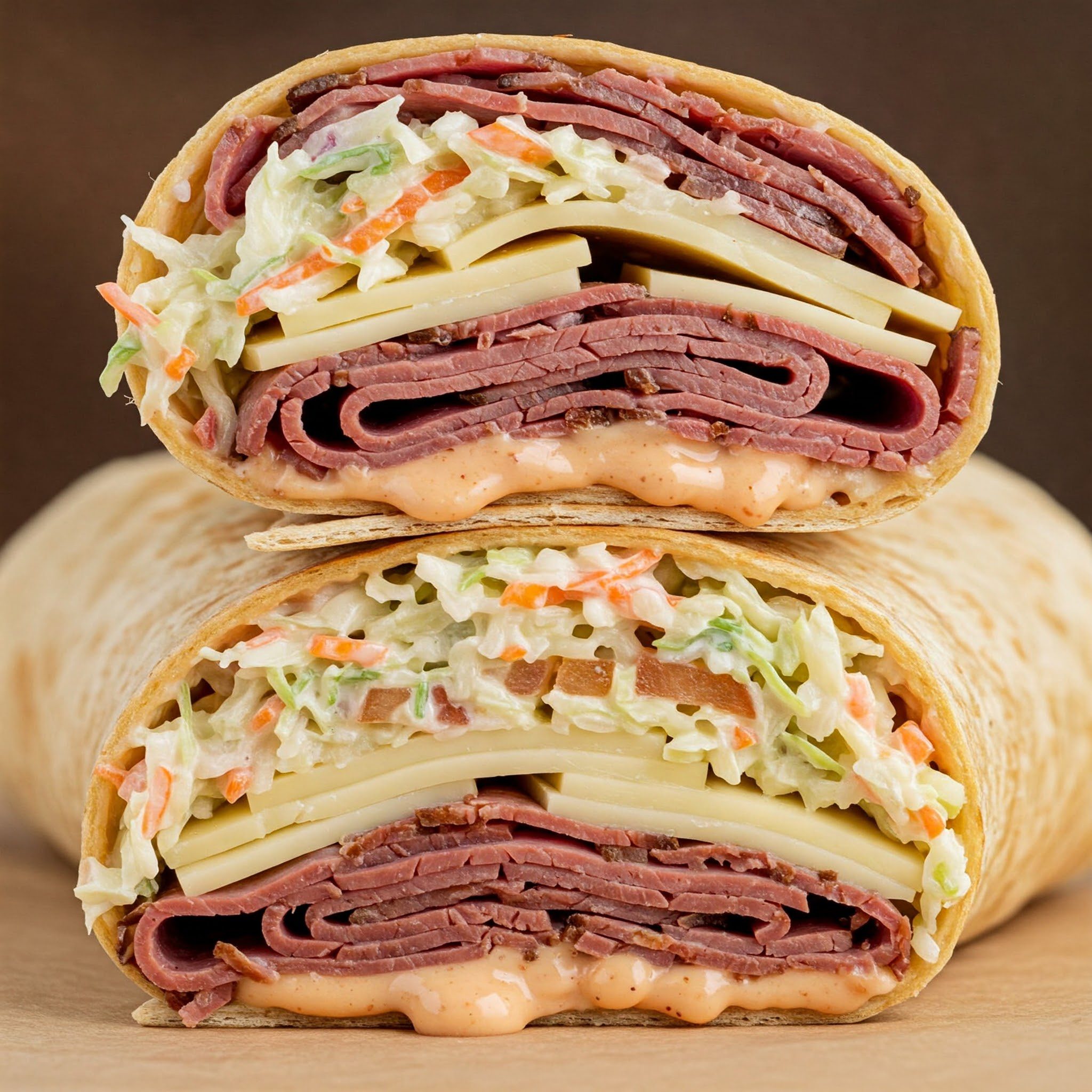 A wrap cut in half, filled with layers of sliced deli meat, cheese, coleslaw, and sauce, arranged neatly with the filling visible.