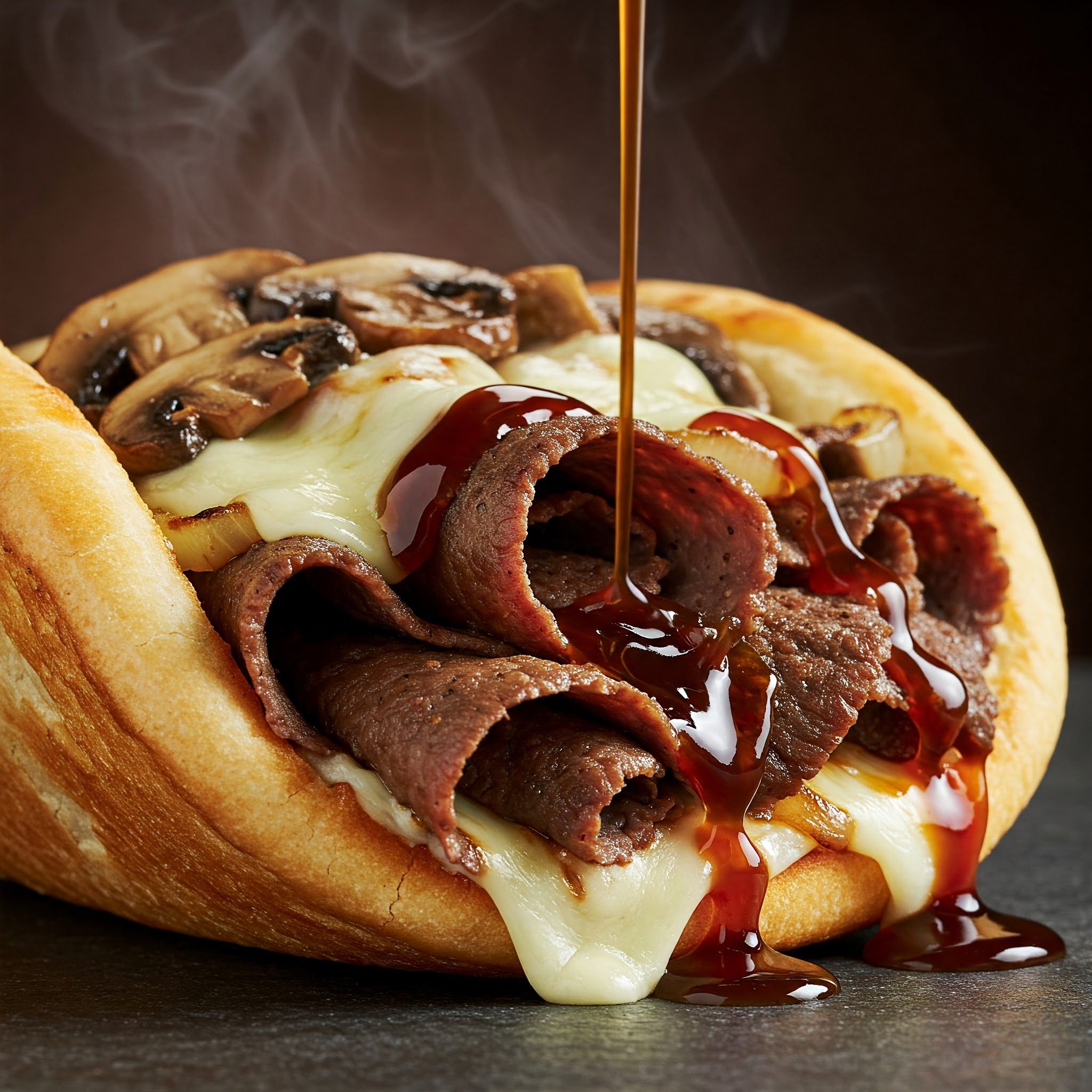 A hot sandwich filled with sliced beef, melted cheese, mushrooms, and onions, with sauce being poured over the top.