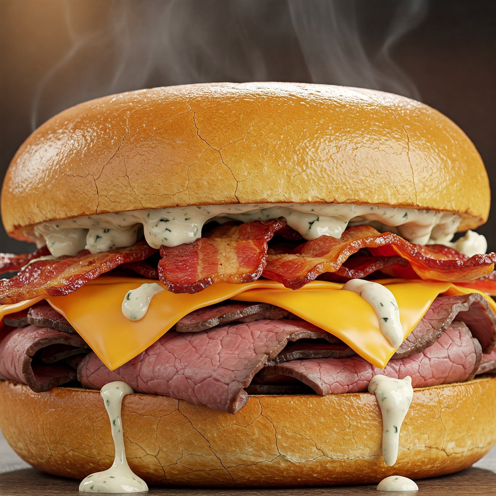 A sandwich with roast beef, cheddar cheese, crispy bacon, and creamy sauce on a toasted bun, with steam rising from the top.