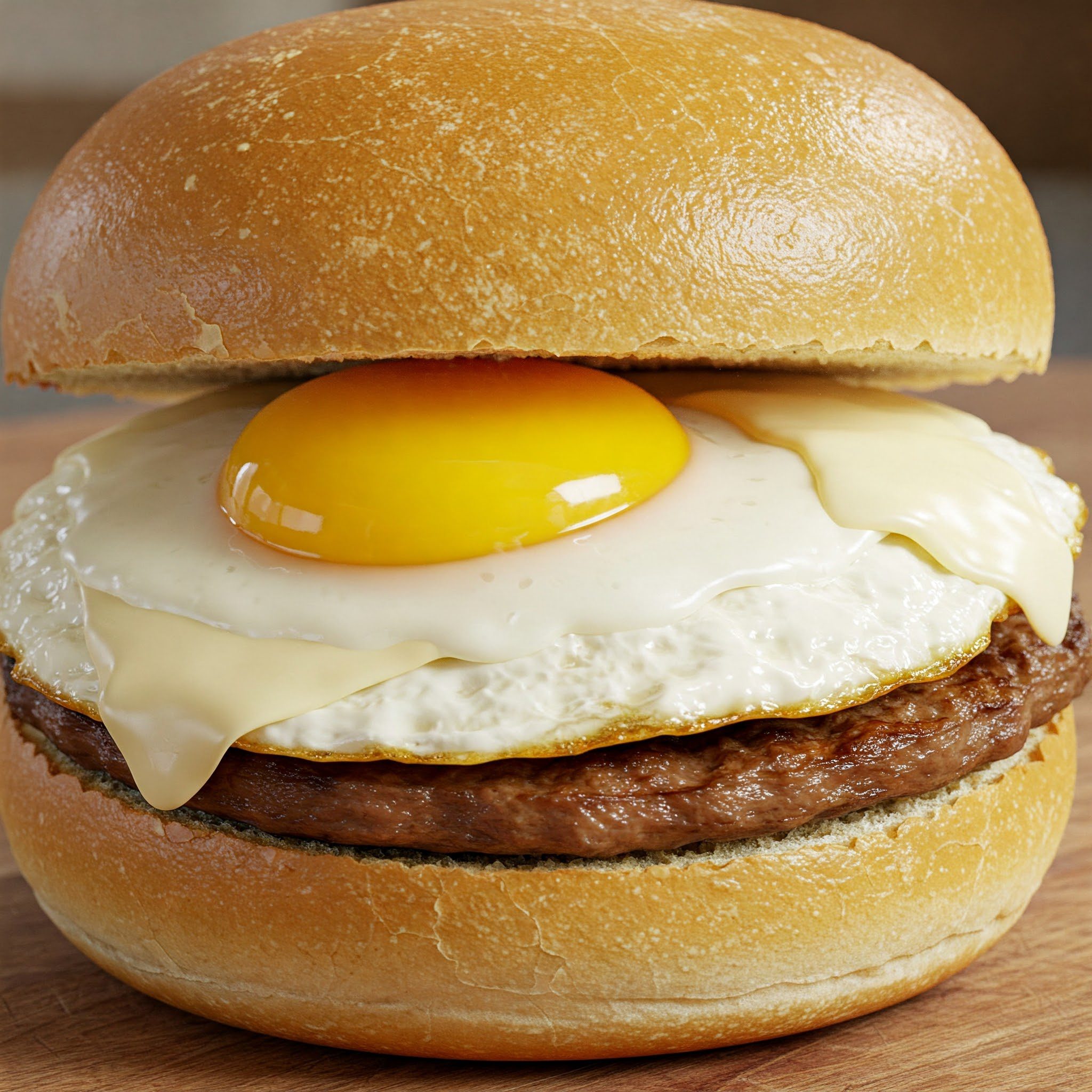 A sandwich with a hamburger patty, a slice of white cheese, and a sunny-side-up egg on a round bun.