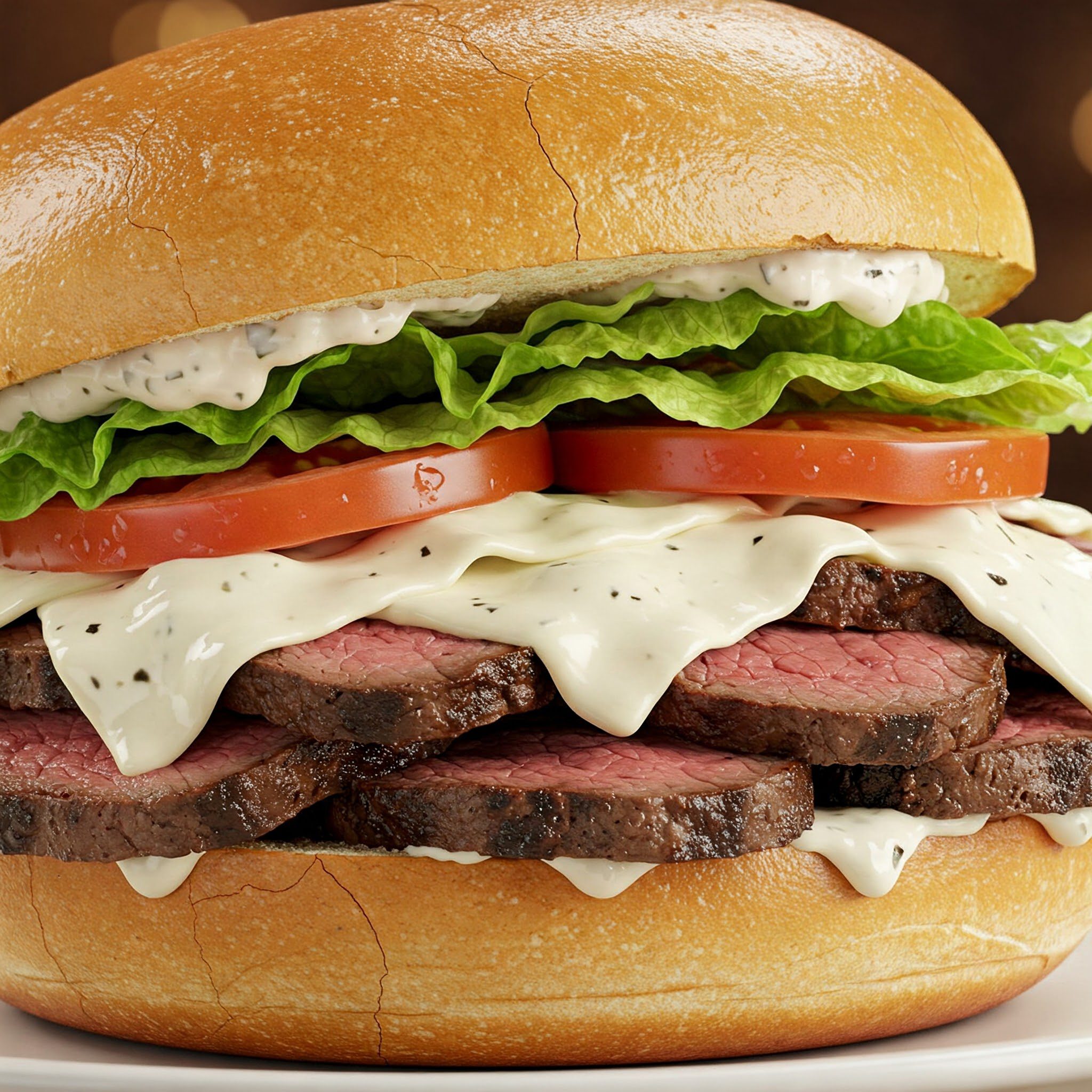 A sandwich with sliced steak, melted cheese, lettuce, and tomato on a bun, with a creamy white sauce.