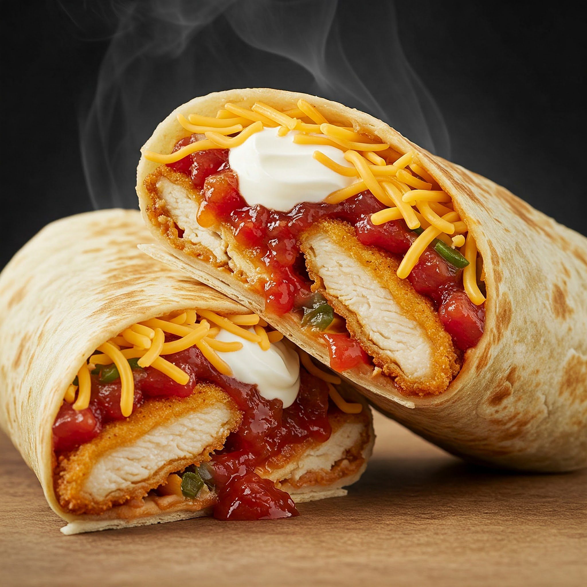 Two halves of a chicken wrap with breaded chicken strips, shredded cheddar cheese, diced tomatoes, jalapeños, and sour cream in a tortilla, with steam rising.