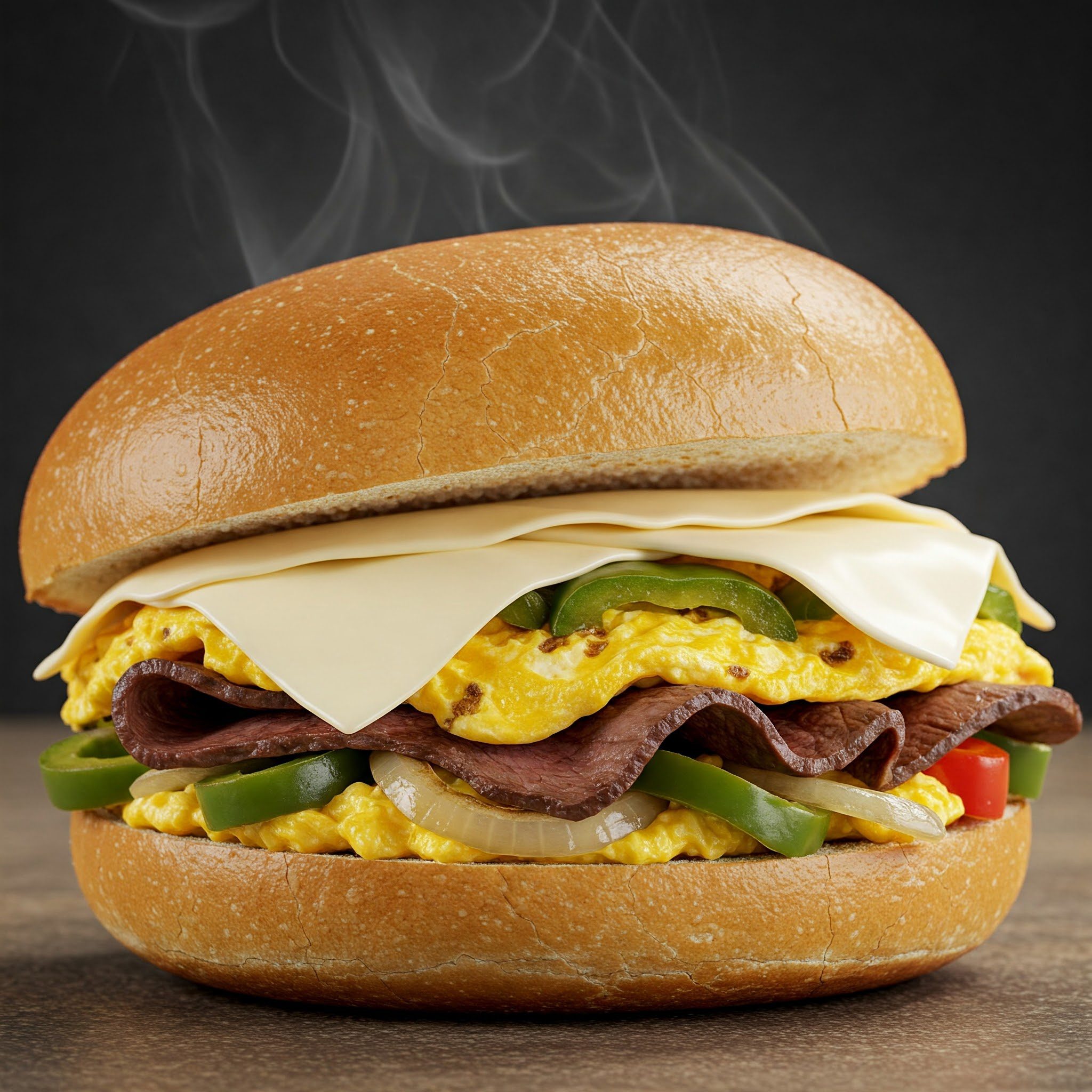 A sandwich with scrambled eggs, sliced roast beef, onions, peppers, and cheese on a round bun, with steam rising from it.