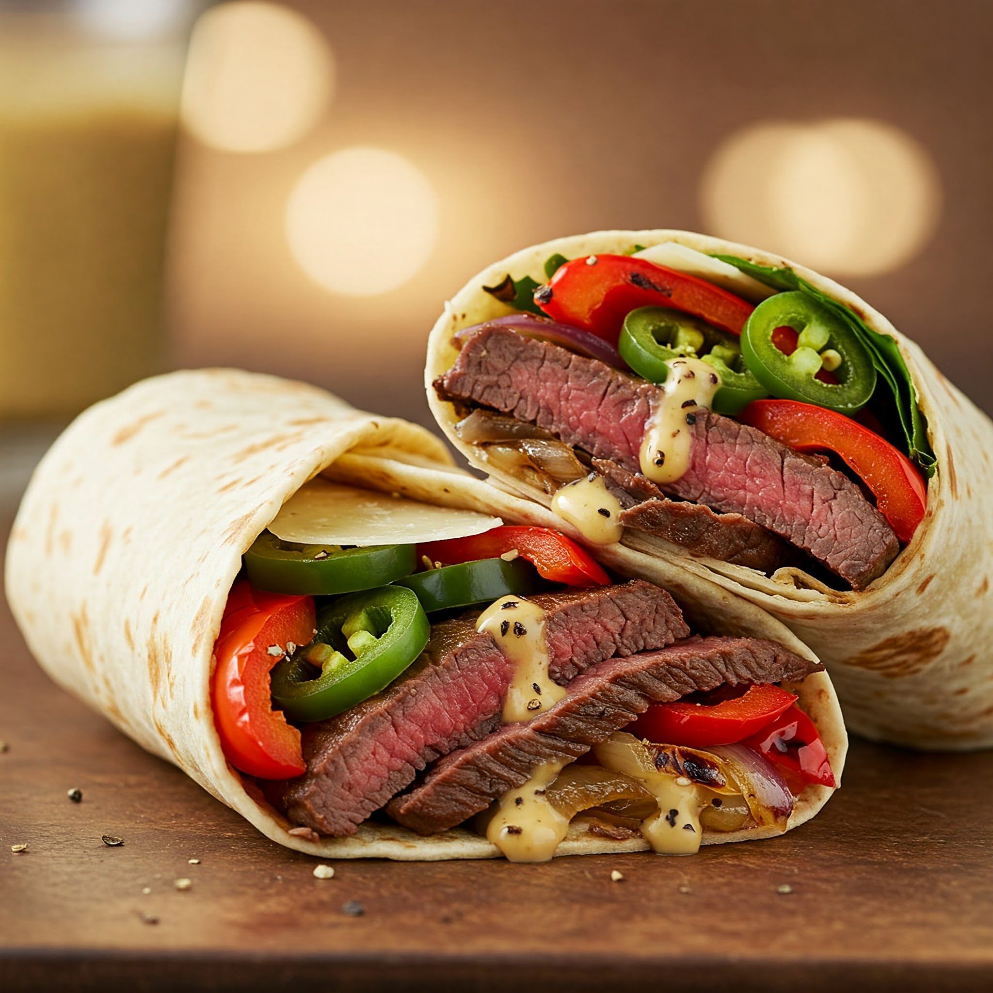 A sliced beef wrap filled with grilled steak, sliced jalapeños, red bell peppers, onions, spinach, and sauce on a wooden surface.