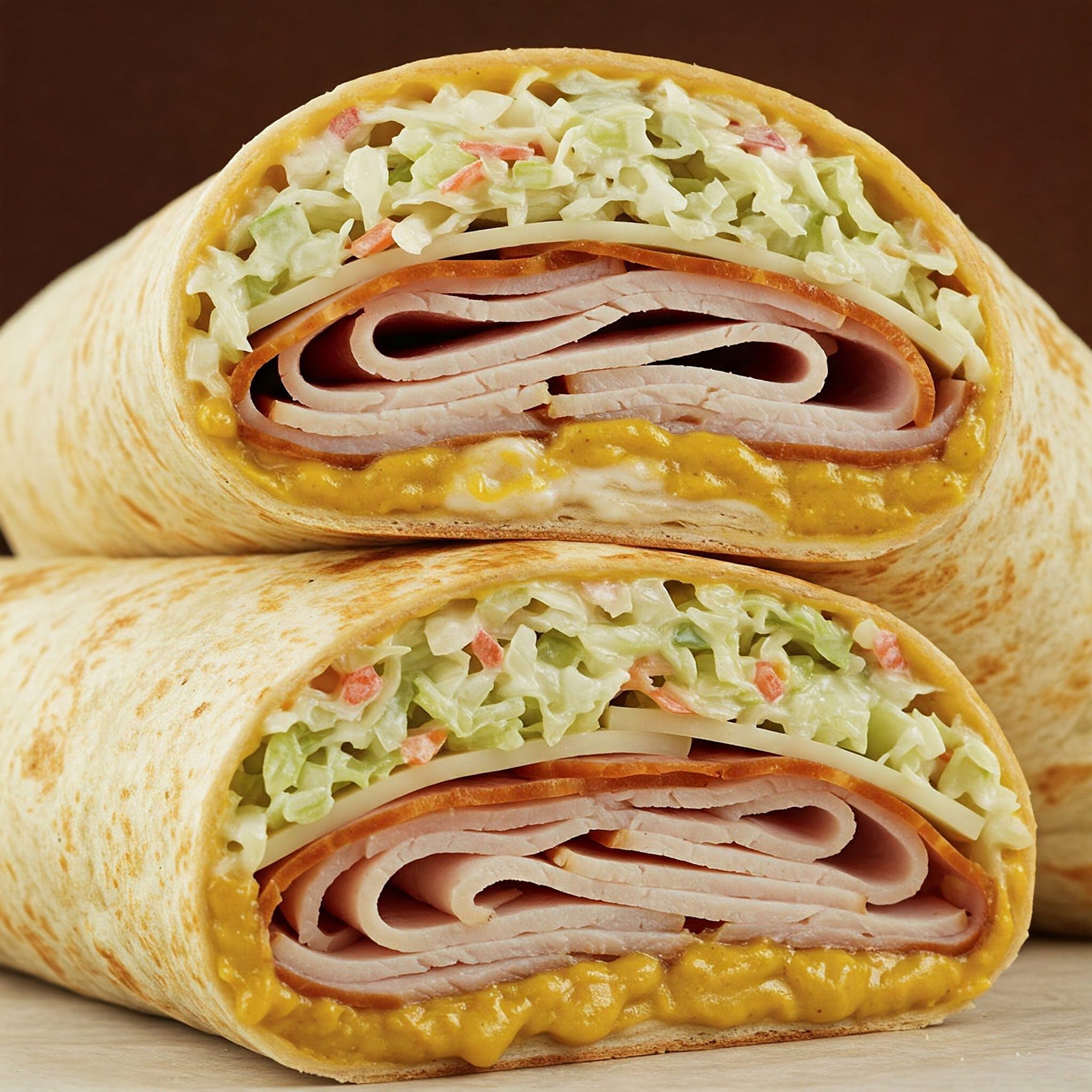 Two halves of a tortilla wrap filled with sliced deli meat, cheese, shredded lettuce, and sauce, stacked on top of each other.
