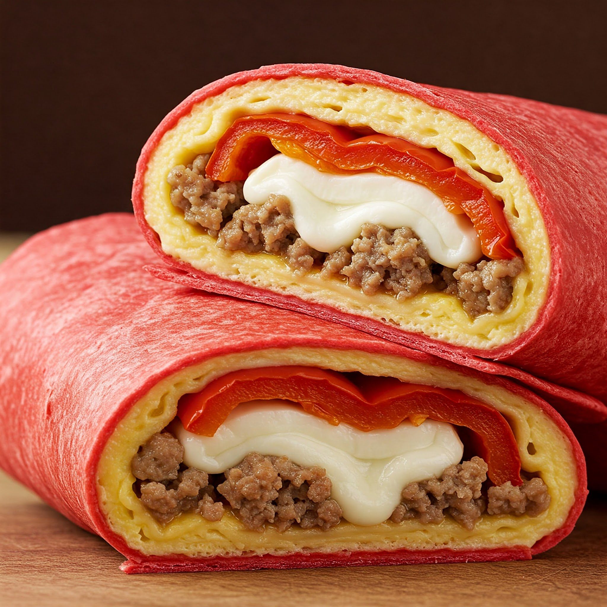 A red tortilla wrap cut in half, filled with ground meat, egg, melted cheese, and red bell peppers, displayed on a wooden surface.