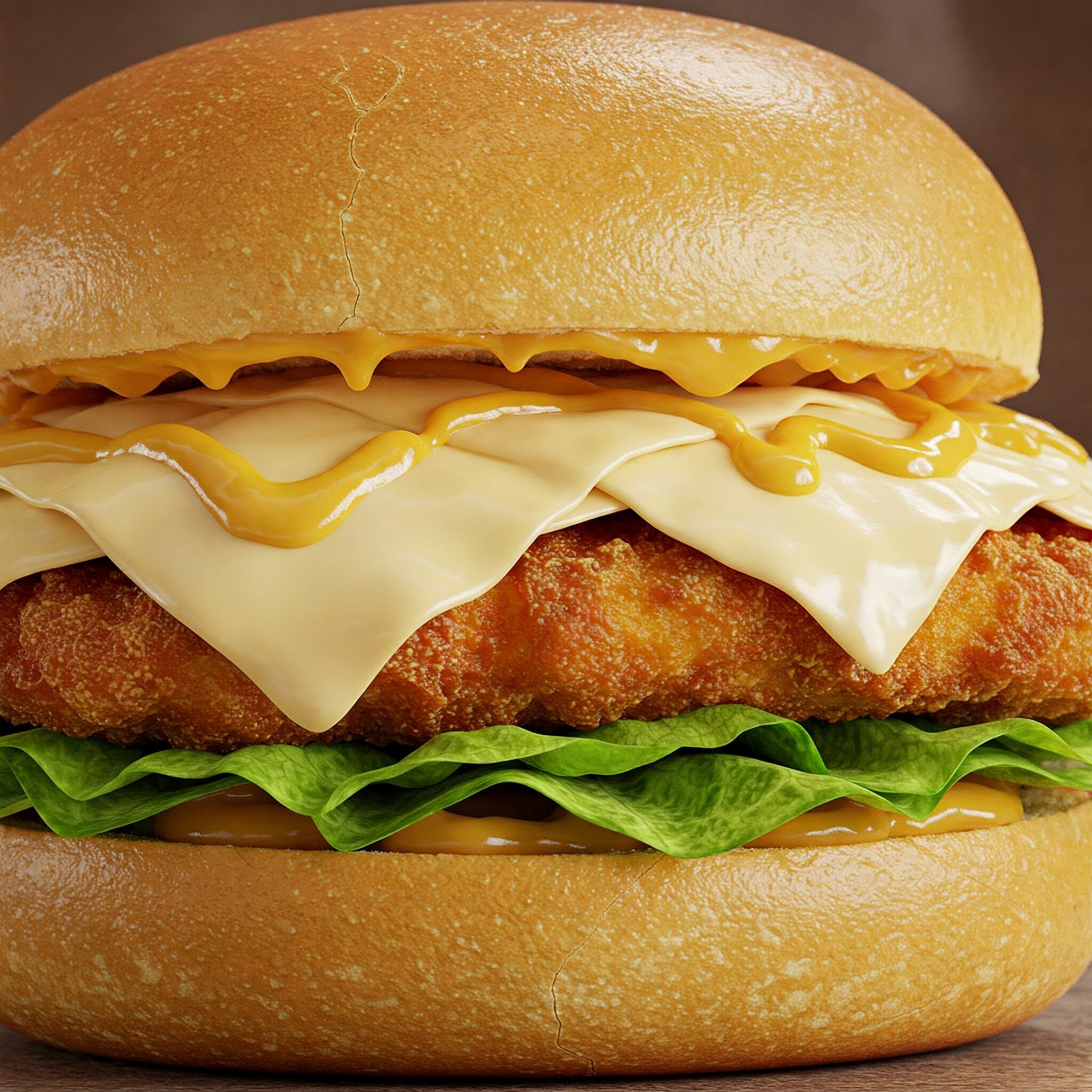 A close-up of a chicken sandwich with fried chicken, lettuce, two slices of cheese, and sauce in a round bun.