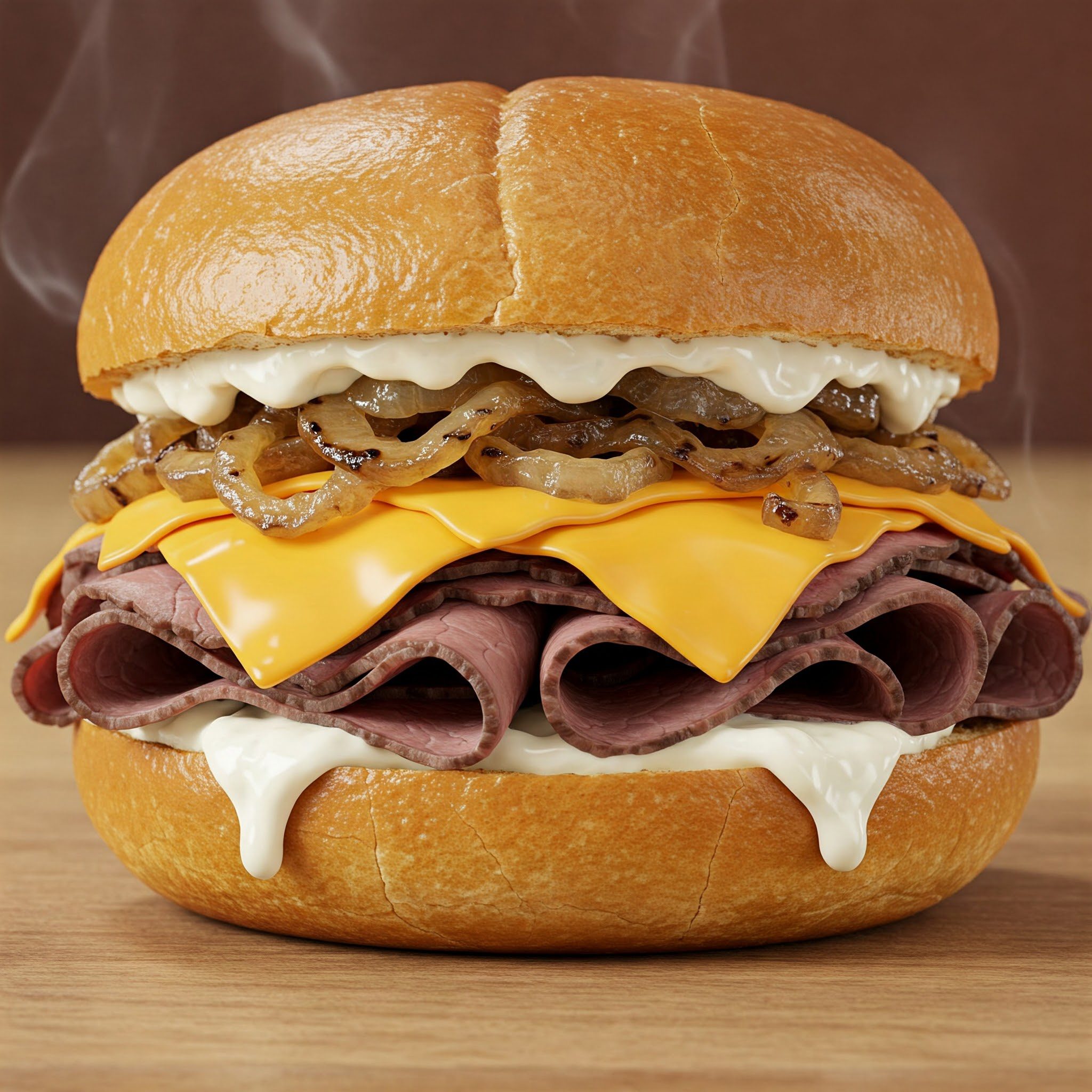 A sandwich with roast beef, melted cheddar cheese, mayonnaise, and caramelized onions on a bun, with steam rising from it, on a wooden surface.