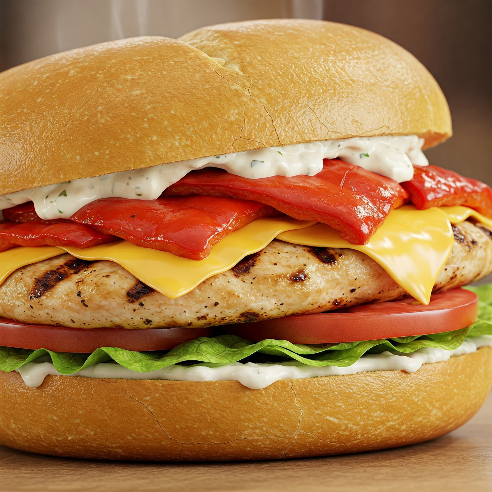 A grilled chicken sandwich with lettuce, tomato, cheddar cheese, roasted red peppers, and herb mayo on a bun.