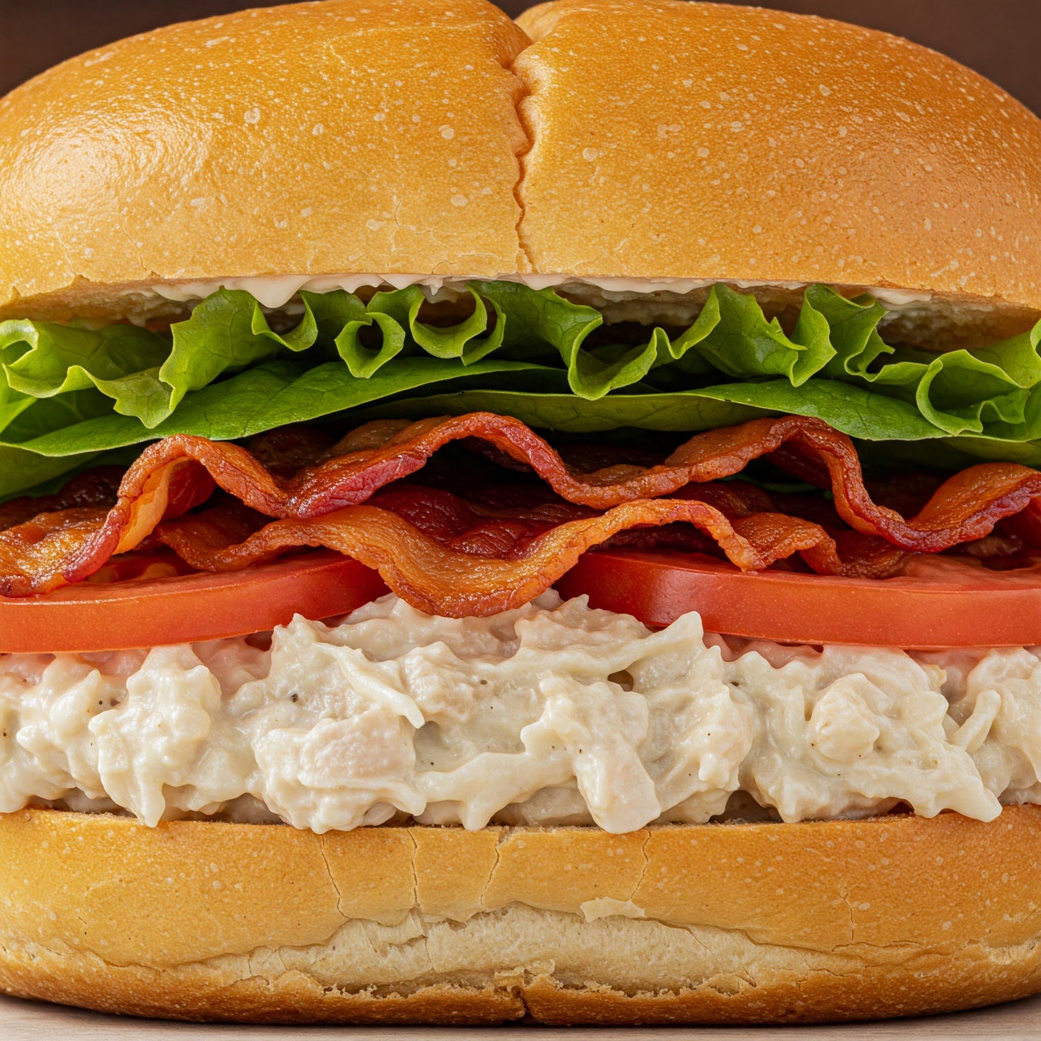 A sandwich with lettuce, bacon, tomato, and a creamy chicken salad filling on a bun.