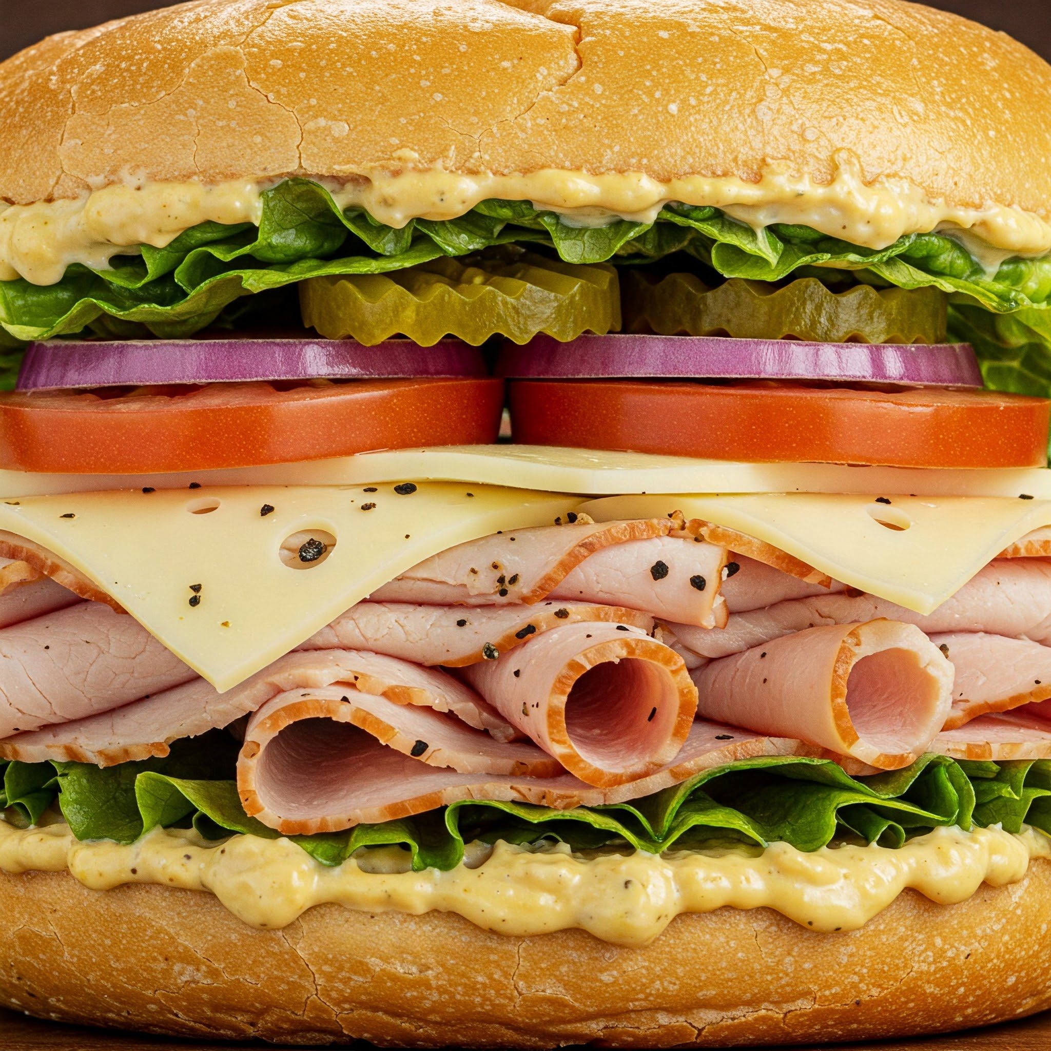 Close-up of a sandwich with sliced turkey, Swiss cheese, lettuce, tomato, red onion, pickles, and mayonnaise on a round sandwich bun.