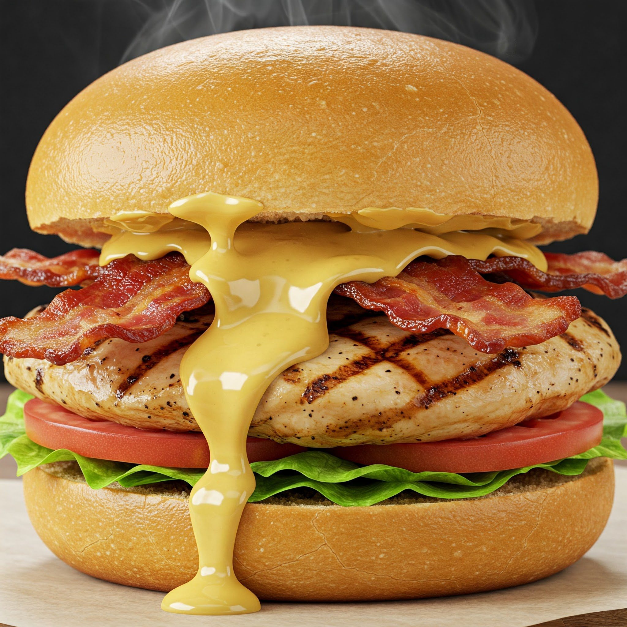 A grilled chicken sandwich with lettuce, tomato, bacon, and melted cheese sauce on a bun, with steam rising from the top.