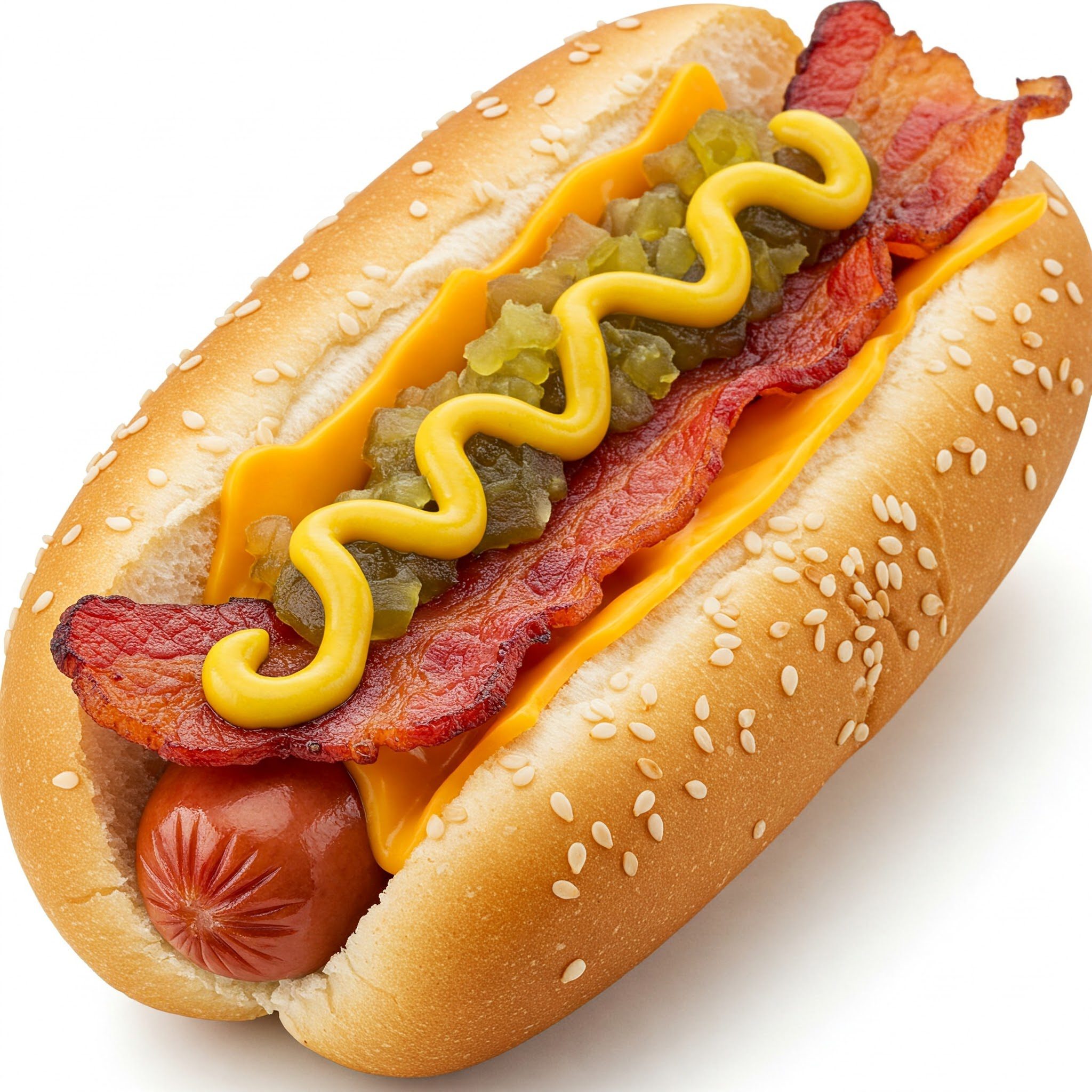 A sesame seed hot dog bun with a sausage, cheddar cheese slices, bacon, relish, and mustard on top.