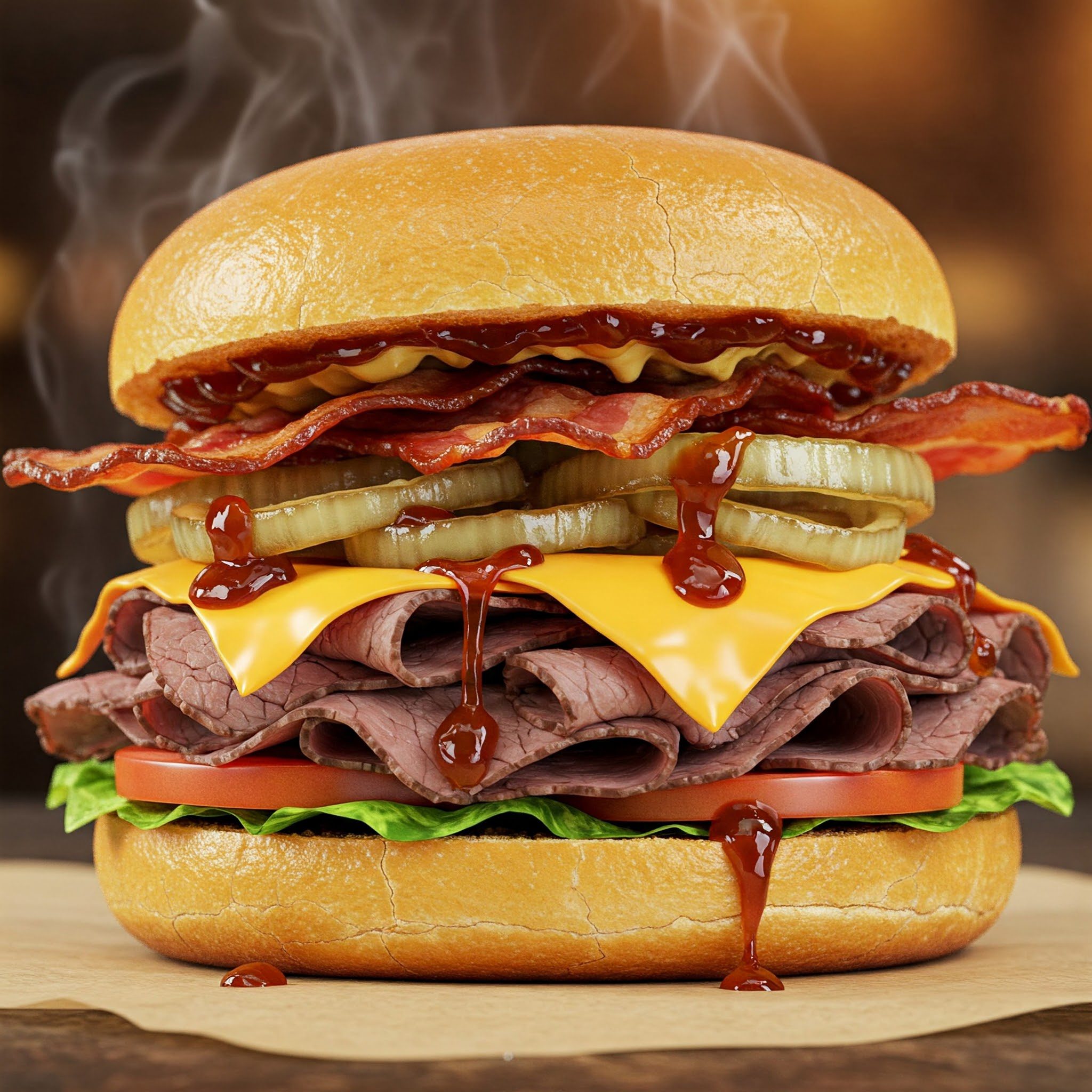 A stacked roast beef sandwich with cheddar cheese, bacon, grilled onions, lettuce, tomato, and barbecue sauce on a toasted bun.