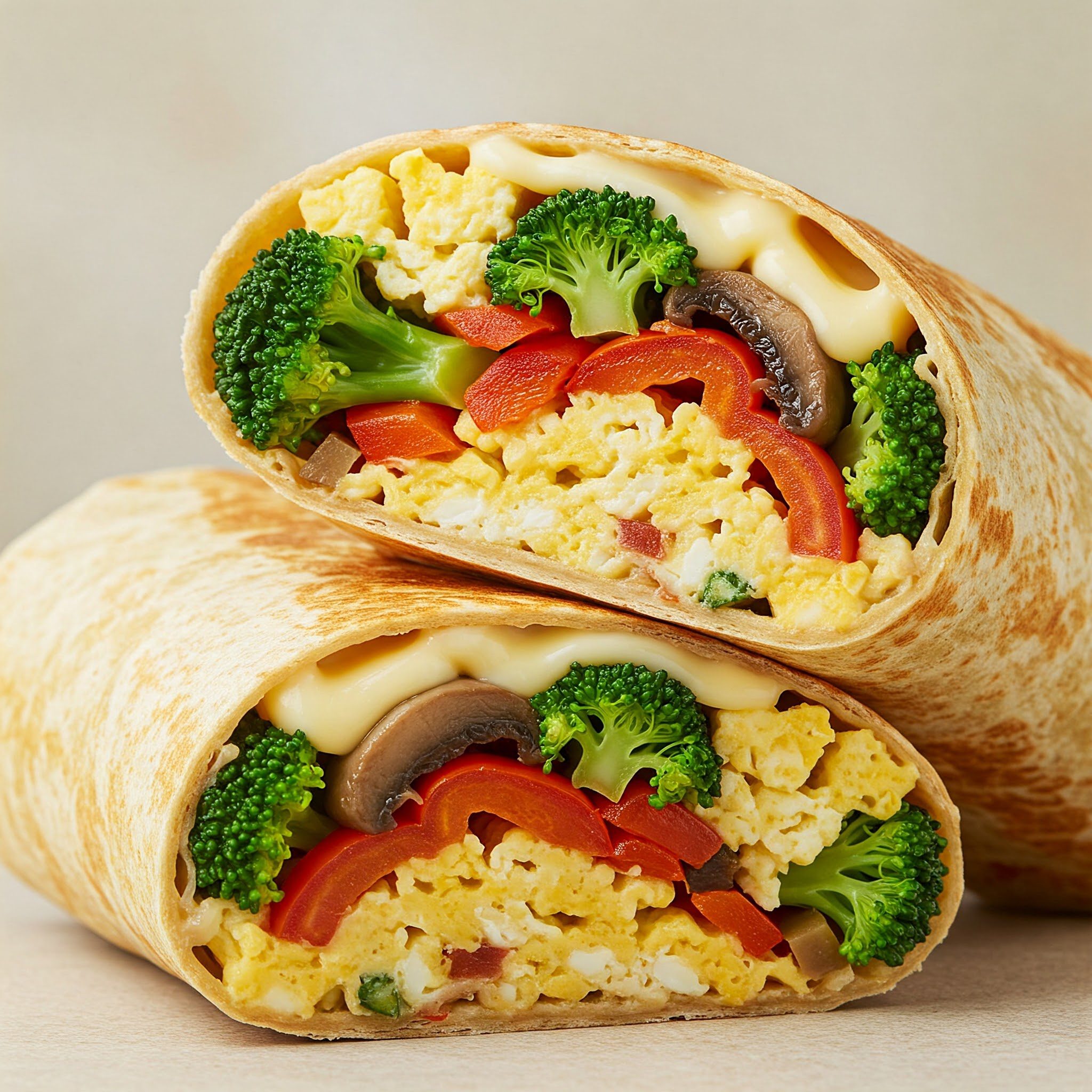A wrap cut in half, filled with scrambled eggs, broccoli, mushrooms, red bell peppers, and melted cheese on a neutral background.
