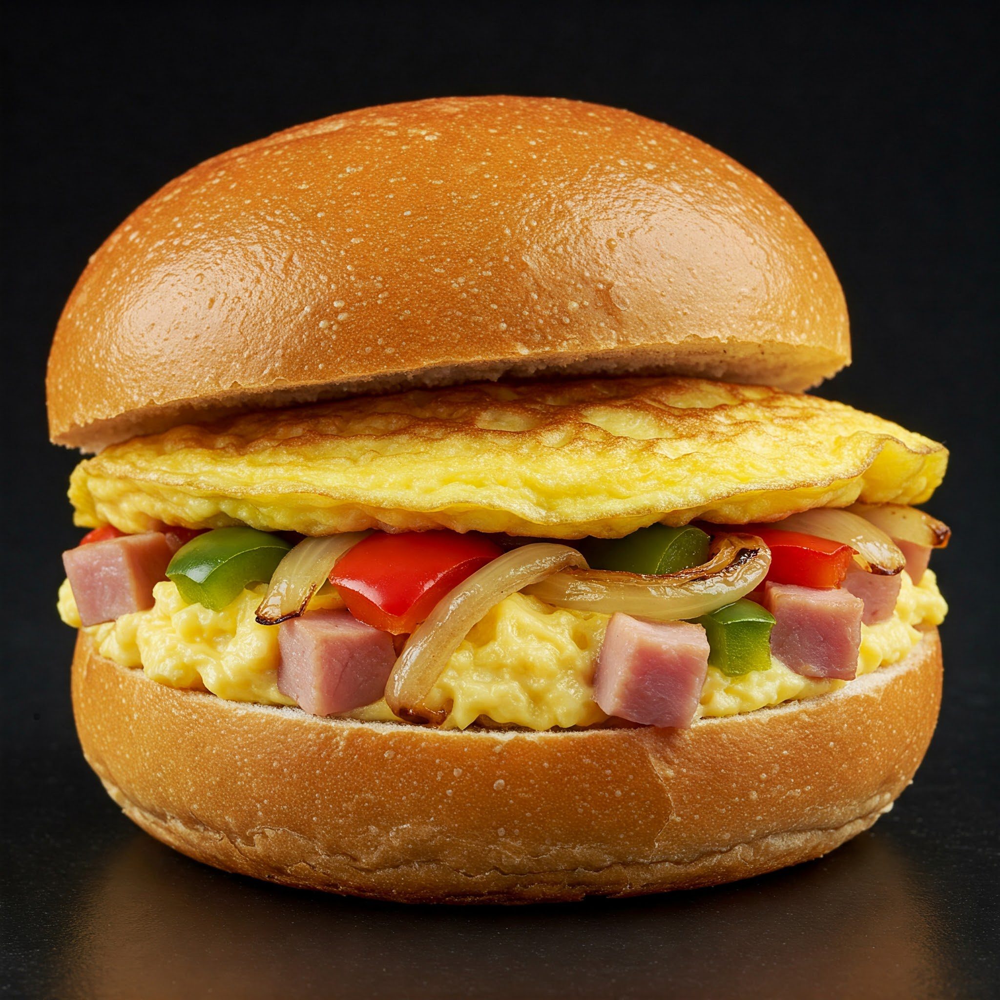 A breakfast sandwich with an omelette, scrambled eggs, diced ham, sautéed onions, and bell peppers on a round bun, against a black background.