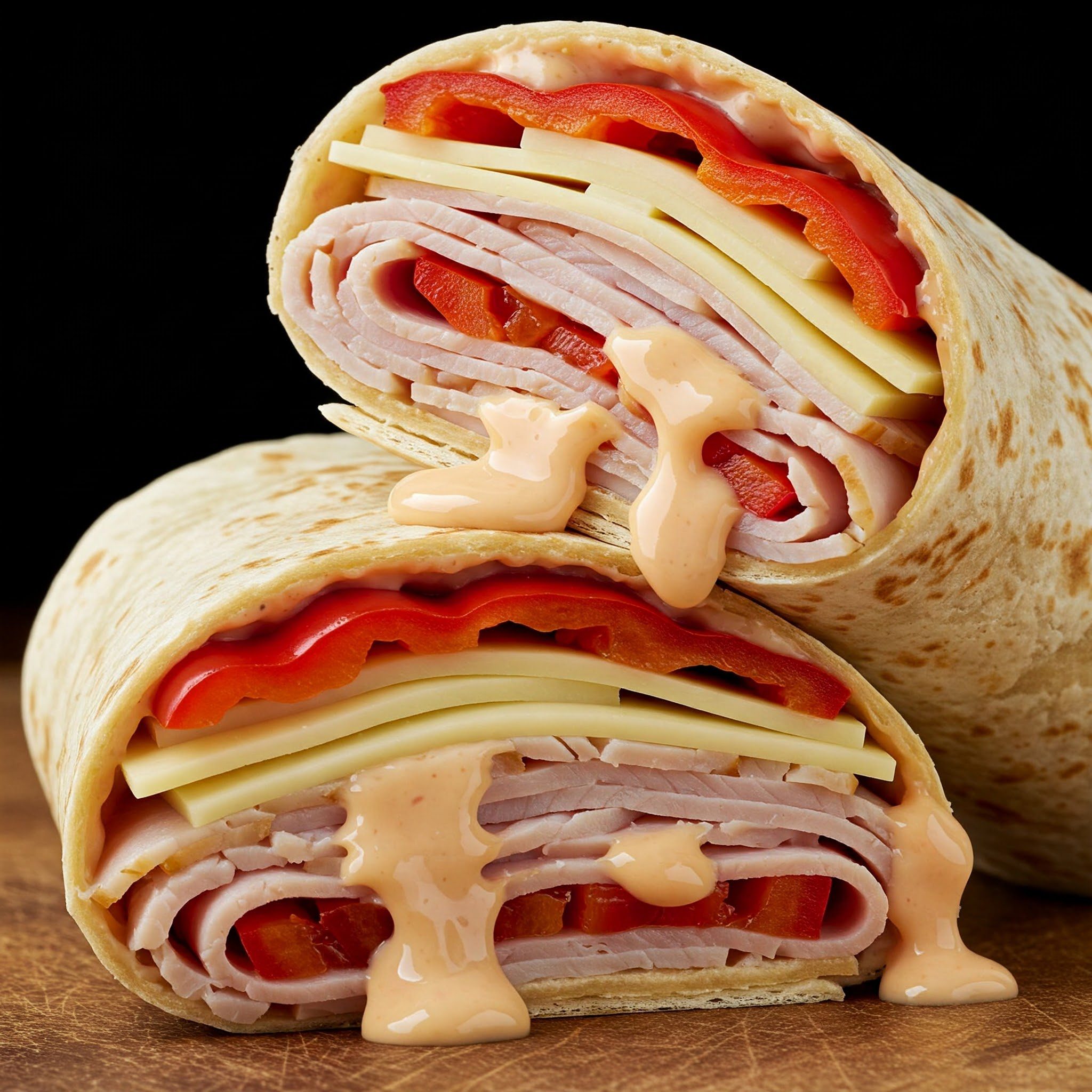 A close-up of a sliced wrap sandwich filled with deli turkey, cheese, red bell peppers, and drizzled with a creamy sauce, set on a wooden surface.