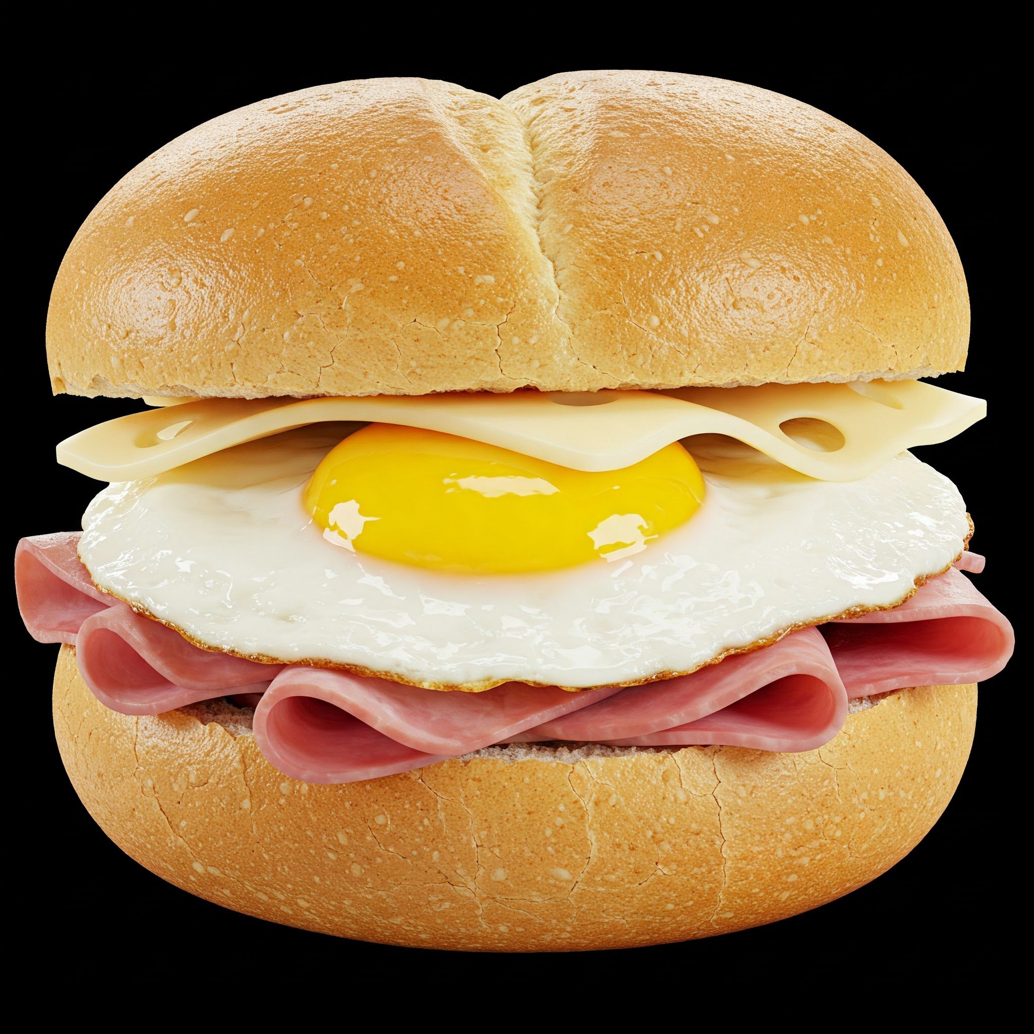 A sandwich with a round bun, filled with slices of ham, a slice of Swiss cheese, and a sunny-side-up fried egg.