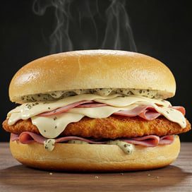 A sandwich with a breaded chicken patty, slices of ham, melted cheese, and sauce on a bun, with steam rising from it.