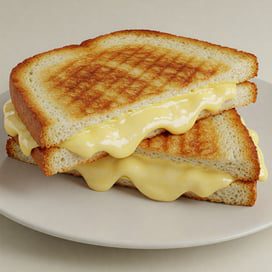 A grilled cheese sandwich cut in half, with melted cheese oozing out, served on a white plate.