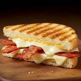 A grilled cheese sandwich with crispy bacon and melted cheese, served on toasted bread, placed on a wooden surface.