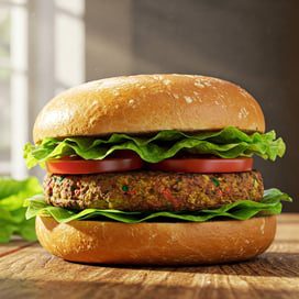 A veggie burger with lettuce and tomato slices in a bun sits on a wooden surface with sunlight coming through a window in the background.